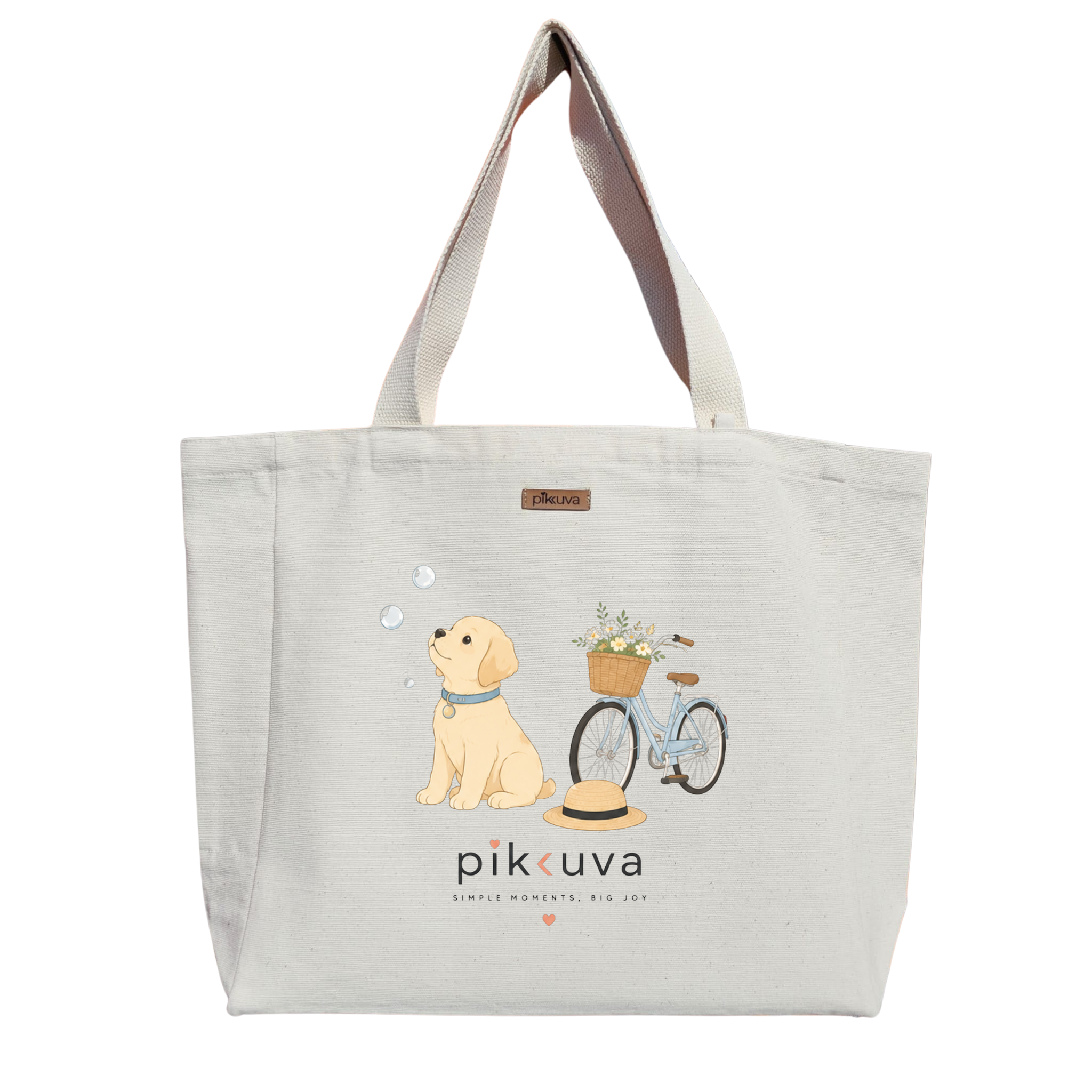 Natural Canvas Tote Bag, Natural Handle, White Velcro, Water Bottle Holder — 20x24