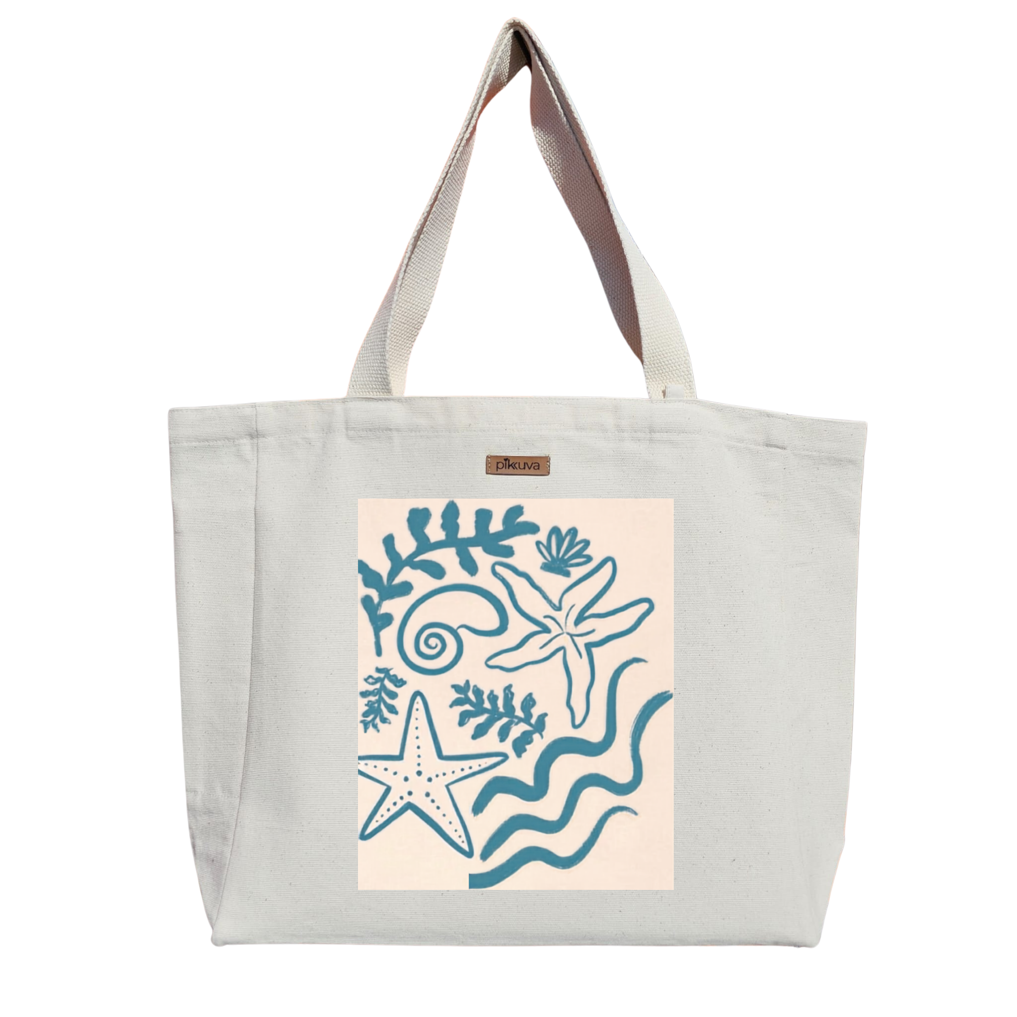 Natural Canvas Tote Bag, Natural Handle, White Velcro, Water Bottle Holder — 20x24