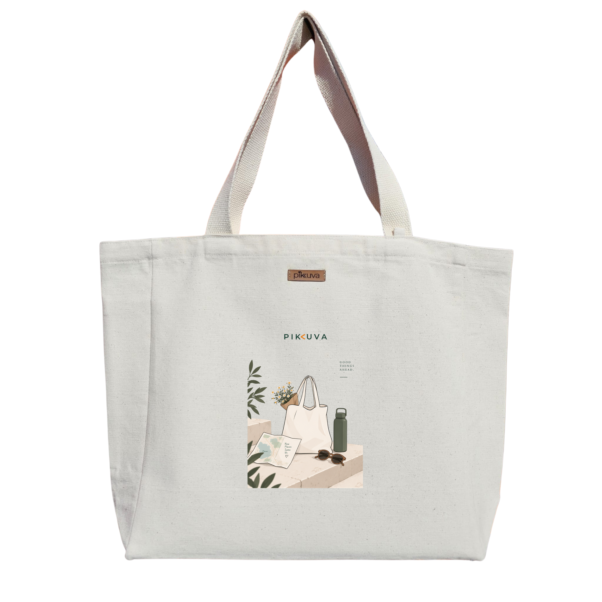 Natural Canvas Tote Bag, Natural Handle, White Velcro, Water Bottle Holder — 12x20