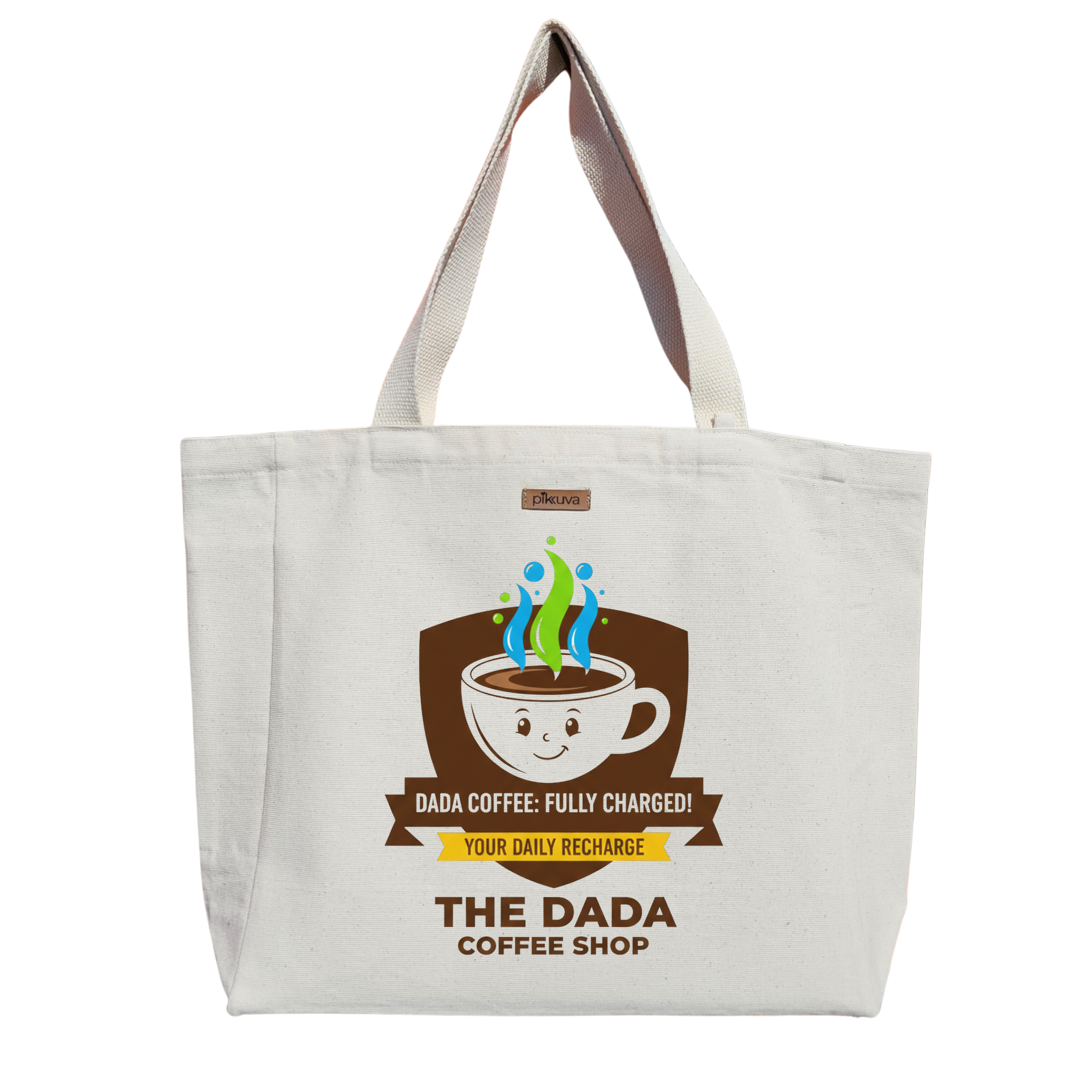 Dada Kahvesi Enerji Dolu COFFEE FULLY CHARGED Baskılı Naturel Kanvas Bez Çanta Sap Beyaz Cırt Cırtlı Suluk Tutuculu — 20x24