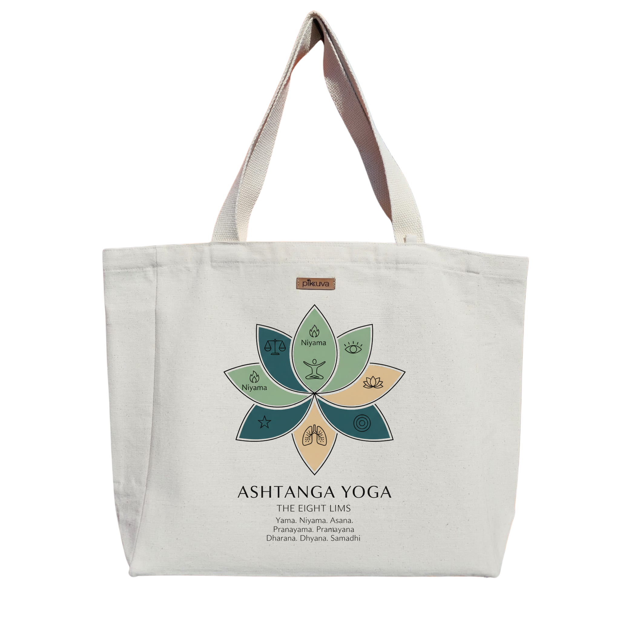 Ashtanga Yoga Çiçeği The Eight Limbs Baskılı Naturel Kanvas Bez Çanta Sap Beyaz Cırt Cırtlı Suluk Tutuculu — 20x24