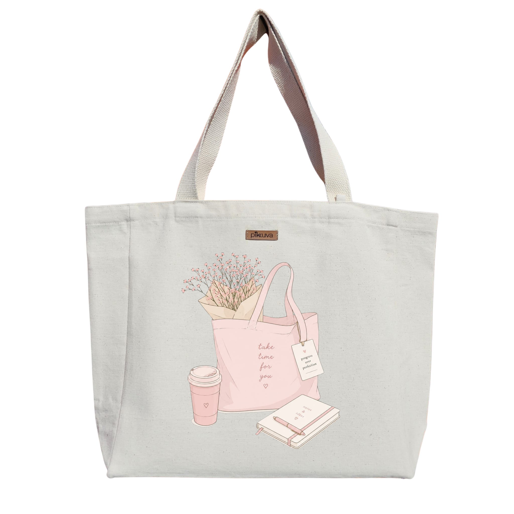 Natural Canvas Tote Bag, Natural Handle, White Velcro, Water Bottle Holder — 20x24