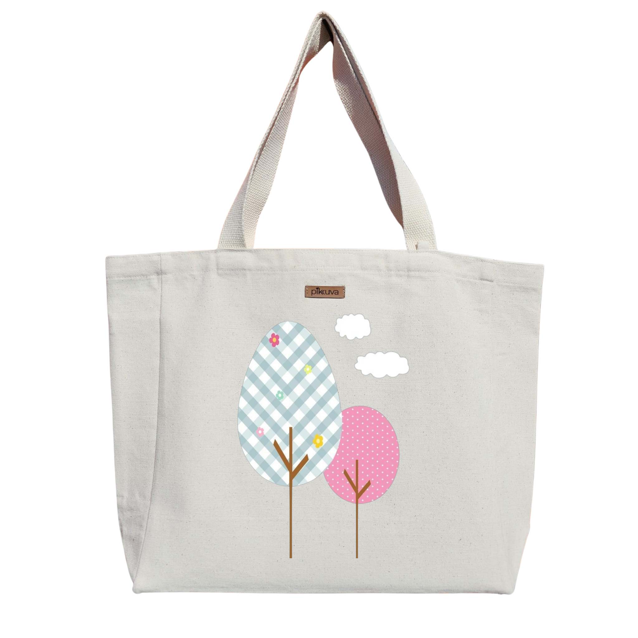 Natural Canvas Tote Bag, Natural Handle, White Velcro, Water Bottle Holder — 20x24