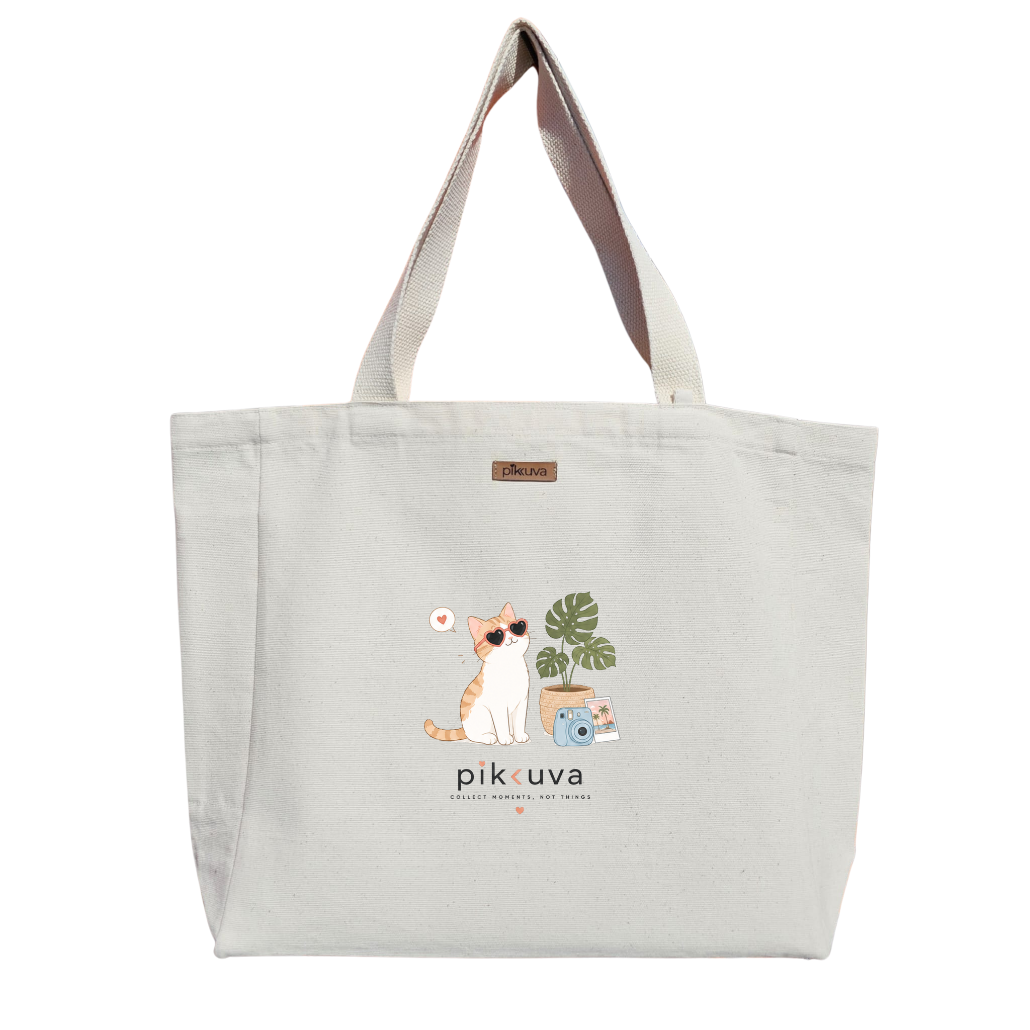 Gözlük Takan Sevimli Kedi Collect moments not things Baskılıı Naturel Kanvas Bez Çanta Sap Beyaz Cırt Cırtlı Suluk Tutuculu — 12x20