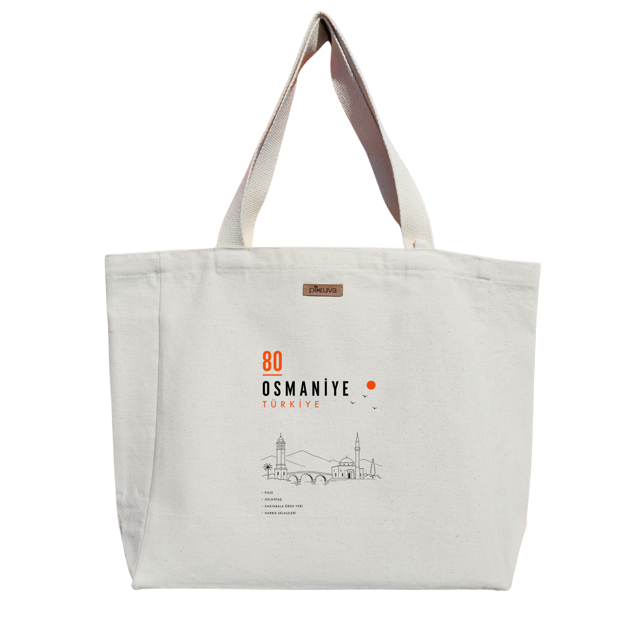 Natural Canvas Tote Bag, Natural Handle, White Velcro, Water Bottle Holder