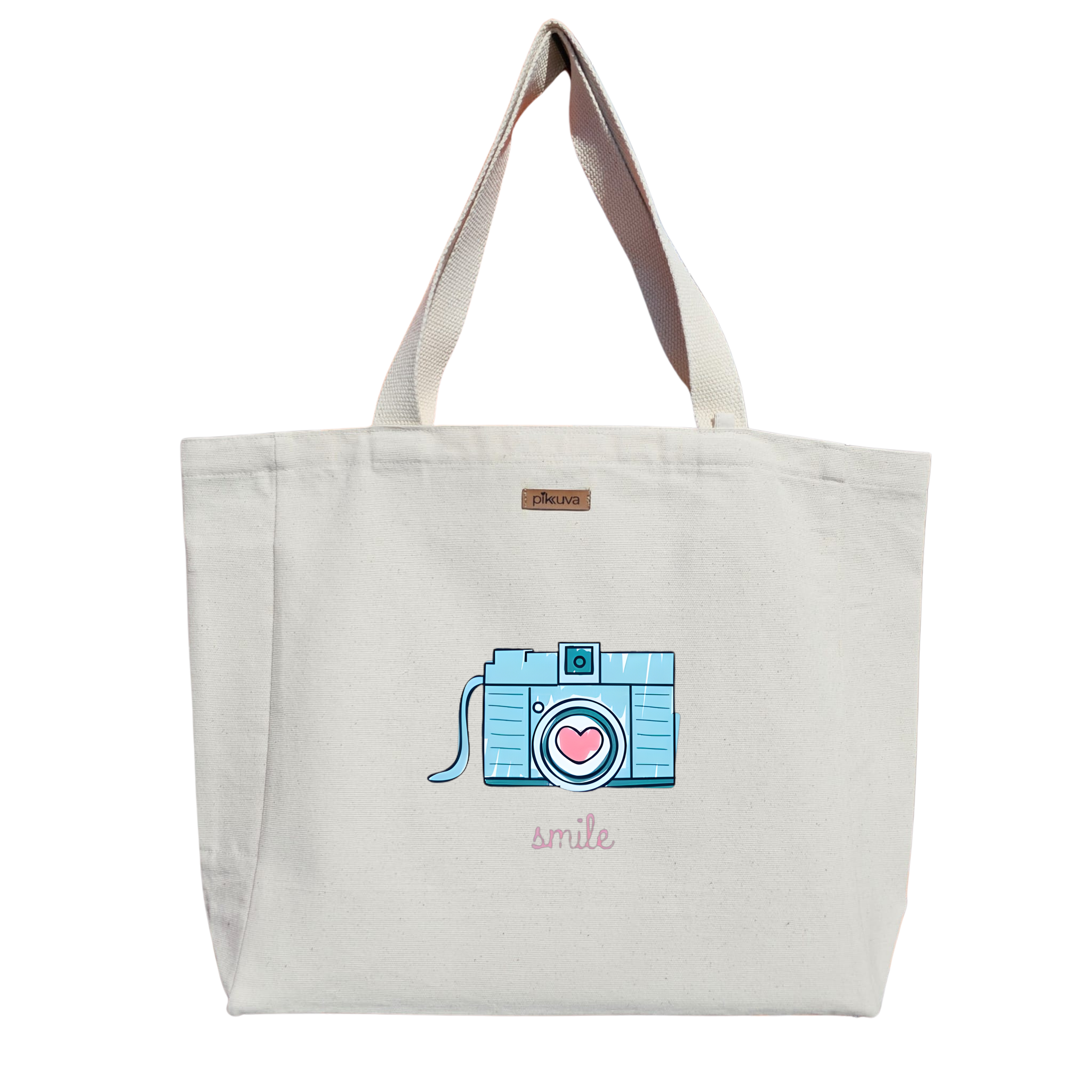 Natural Canvas Tote Bag, Natural Handle, White Velcro, Water Bottle Holder — 20x12