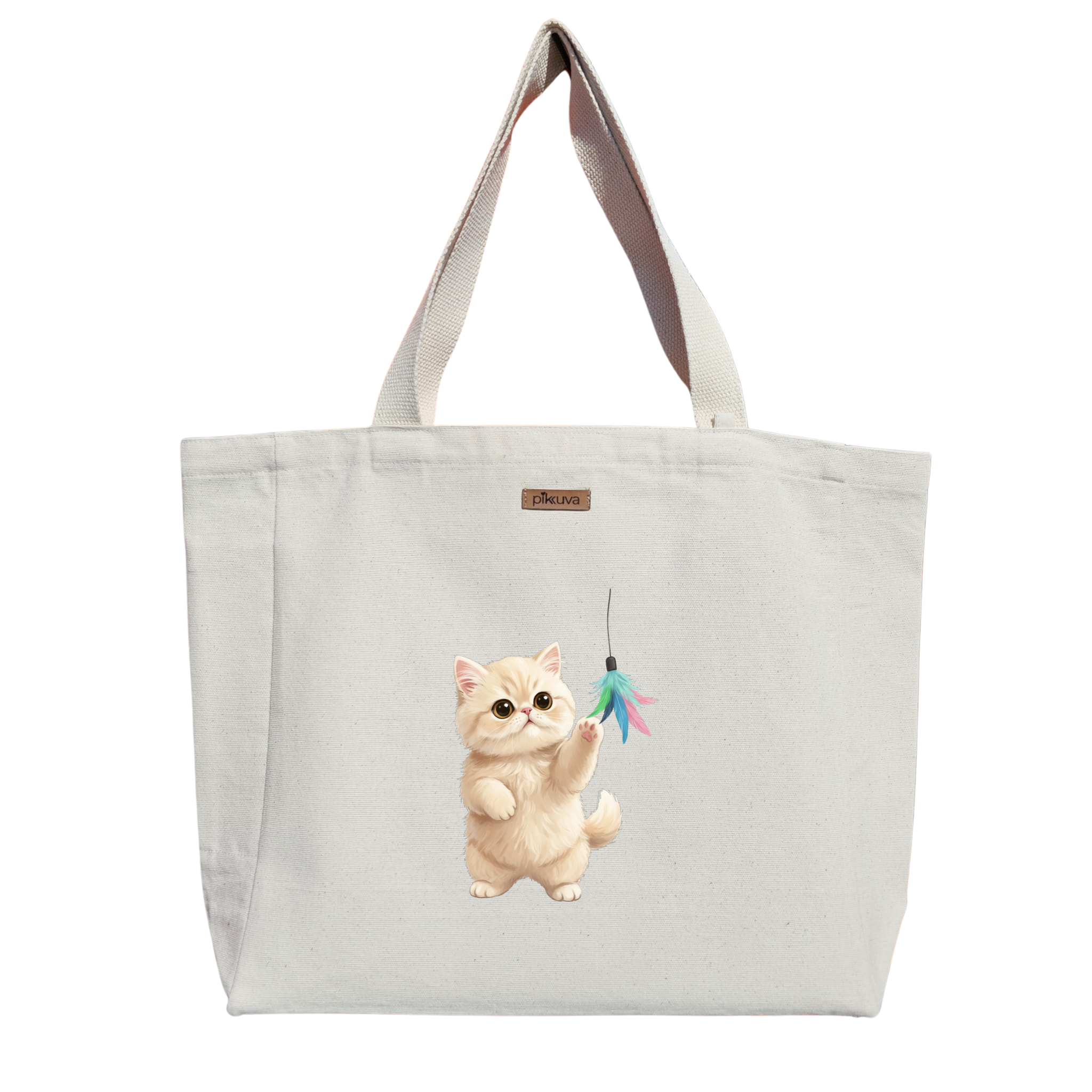 Natural Canvas Tote Bag, Natural Handle, White Velcro, Water Bottle Holder — 12x20
