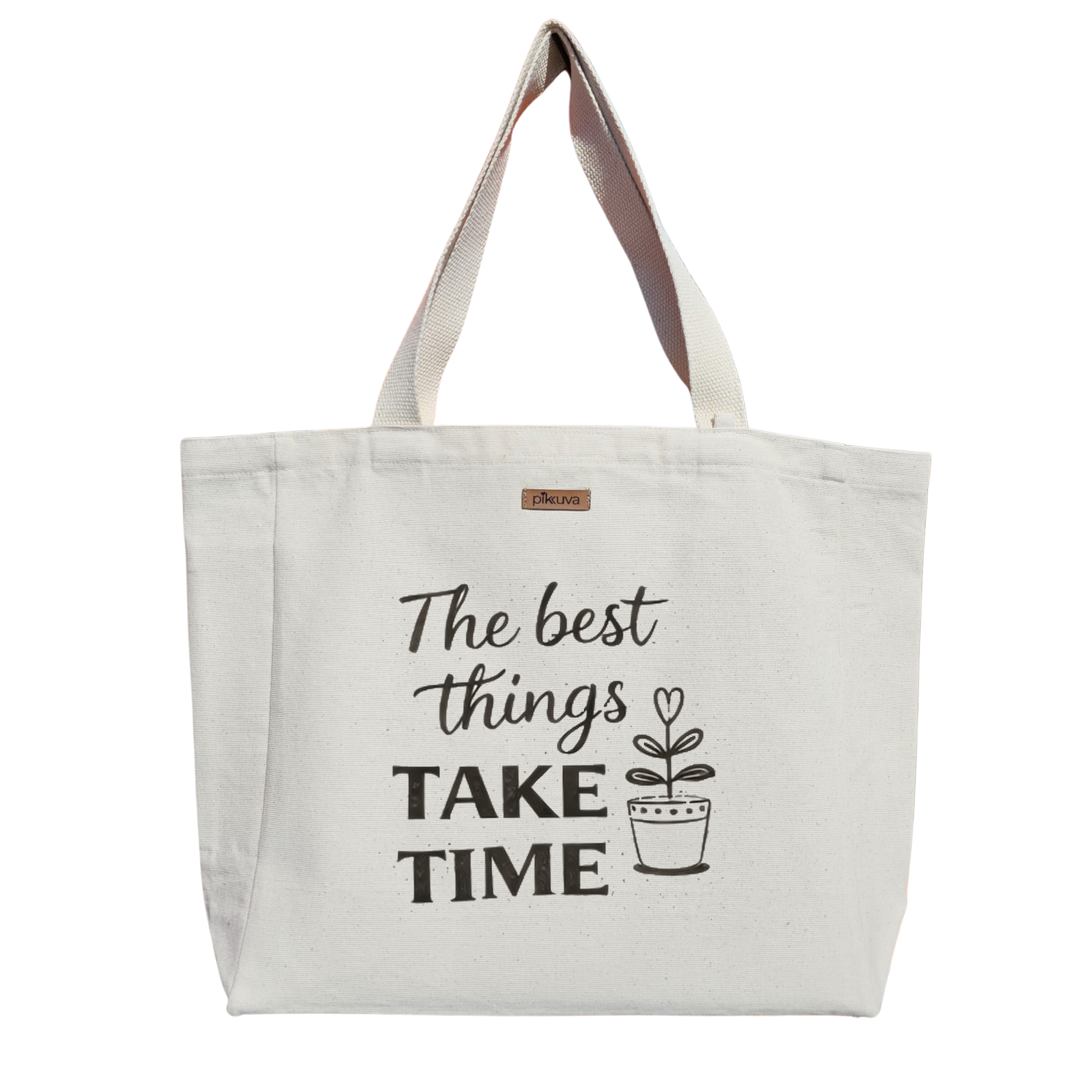 Natural Canvas Tote Bag, Natural Handle, White Velcro, Water Bottle Holder — 24x20