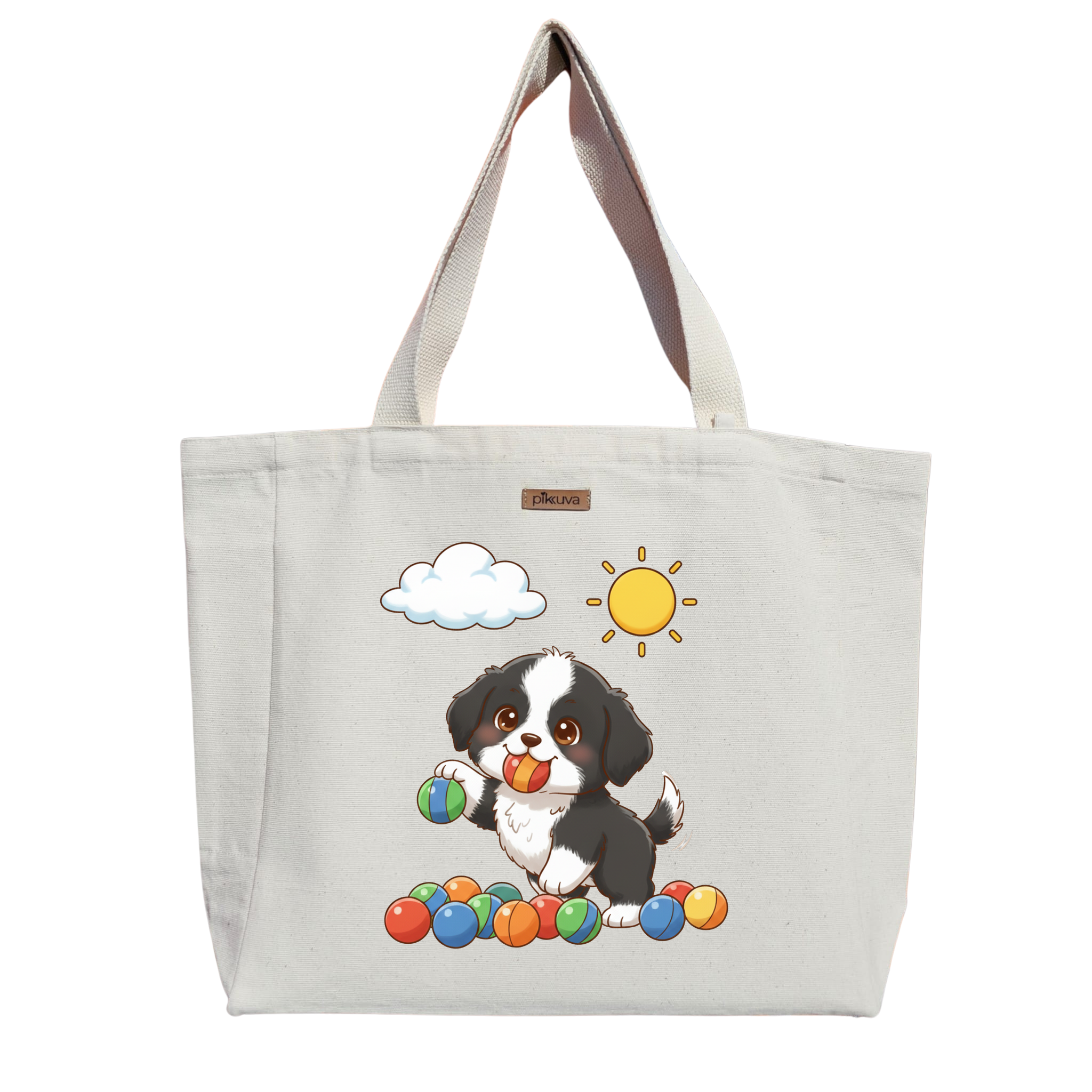 Neşeli Yavru Köpek ve Renkli Toplar Happy puppy Baskılı Naturel Kanvas Bez Çanta Sap Beyaz Cırt Cırtlı Suluk Tutuculu — 20x24