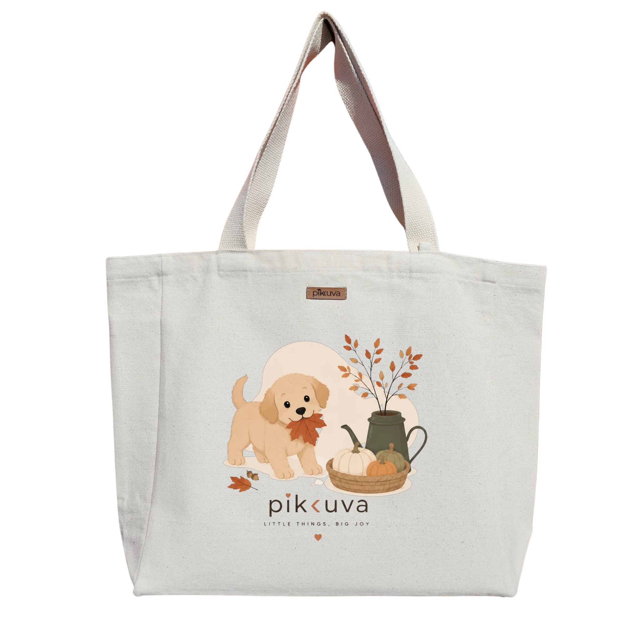Natural Canvas Tote Bag, Natural Handle, White Velcro, Water Bottle Holder — 20x24