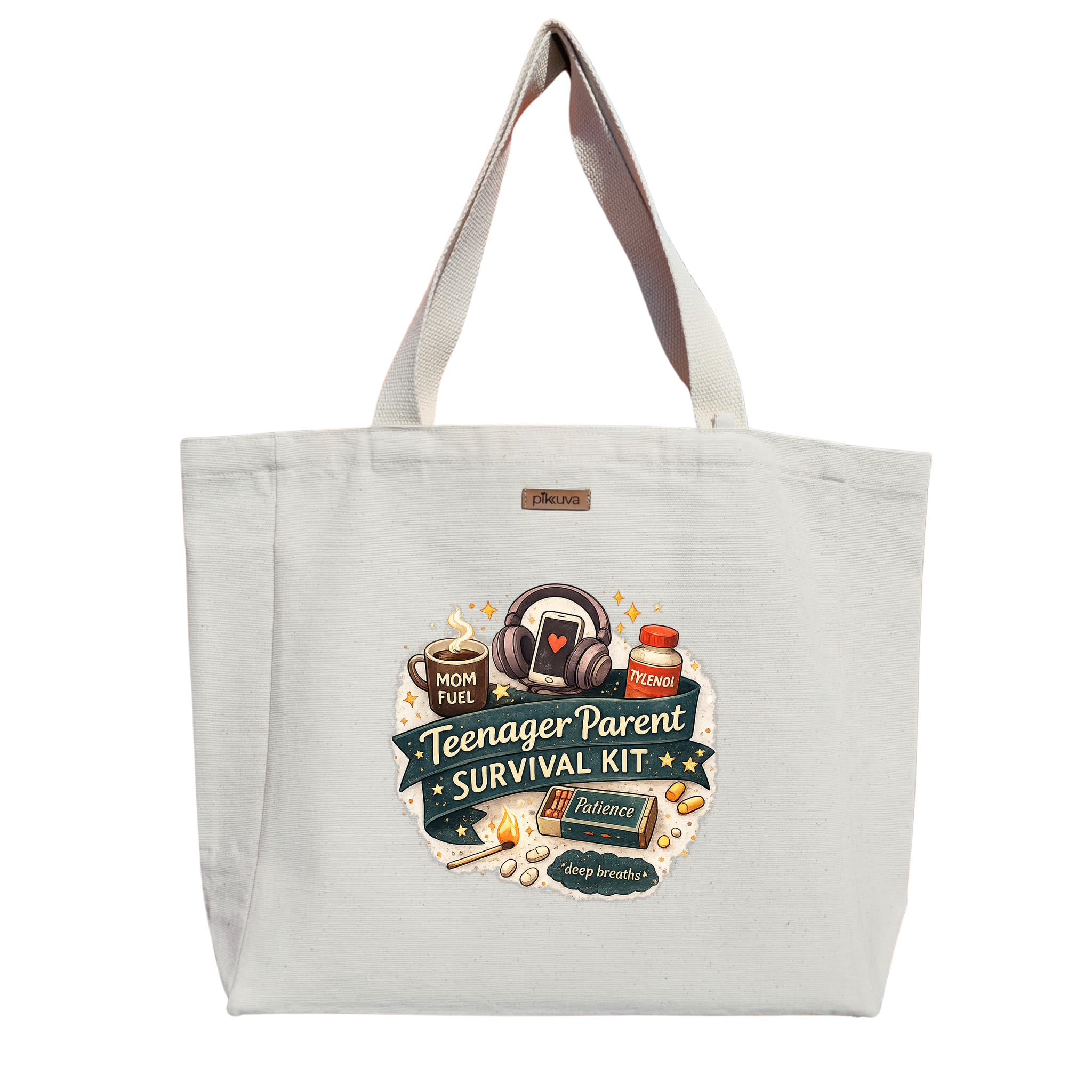 Natural Canvas Tote Bag, Natural Handle, White Velcro, Water Bottle Holder — 20x24