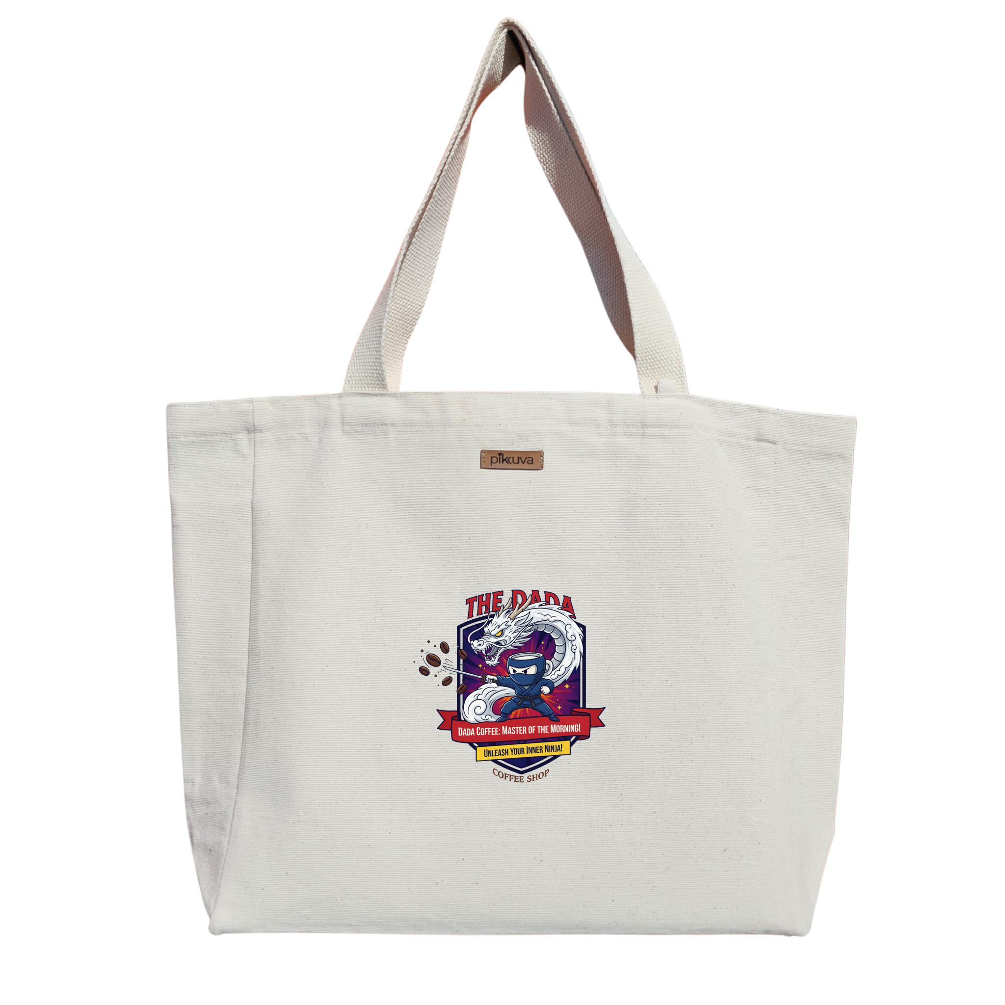 Sabahın Ustası Dada Kahvesi Ninja Unleash your inner Baskılı Naturel Kanvas Bez Çanta Sap Beyaz Cırt Cırtlı Suluk Tutuculu — 12x20