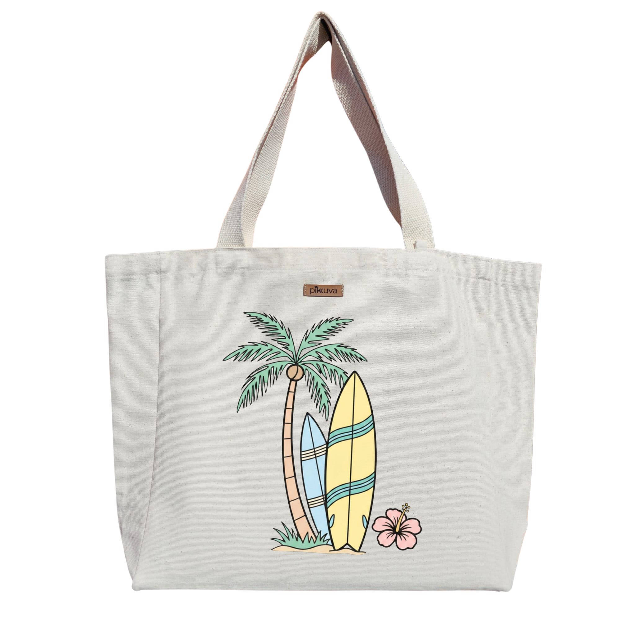 Natural Canvas Tote Bag, Natural Handle, White Velcro, Water Bottle Holder — 20x24