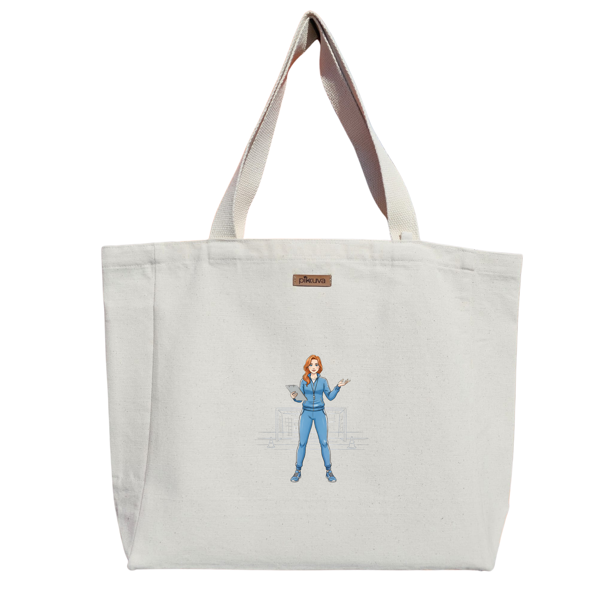Natural Canvas Tote Bag, Natural Handle, White Velcro, Water Bottle Holder — 12x20