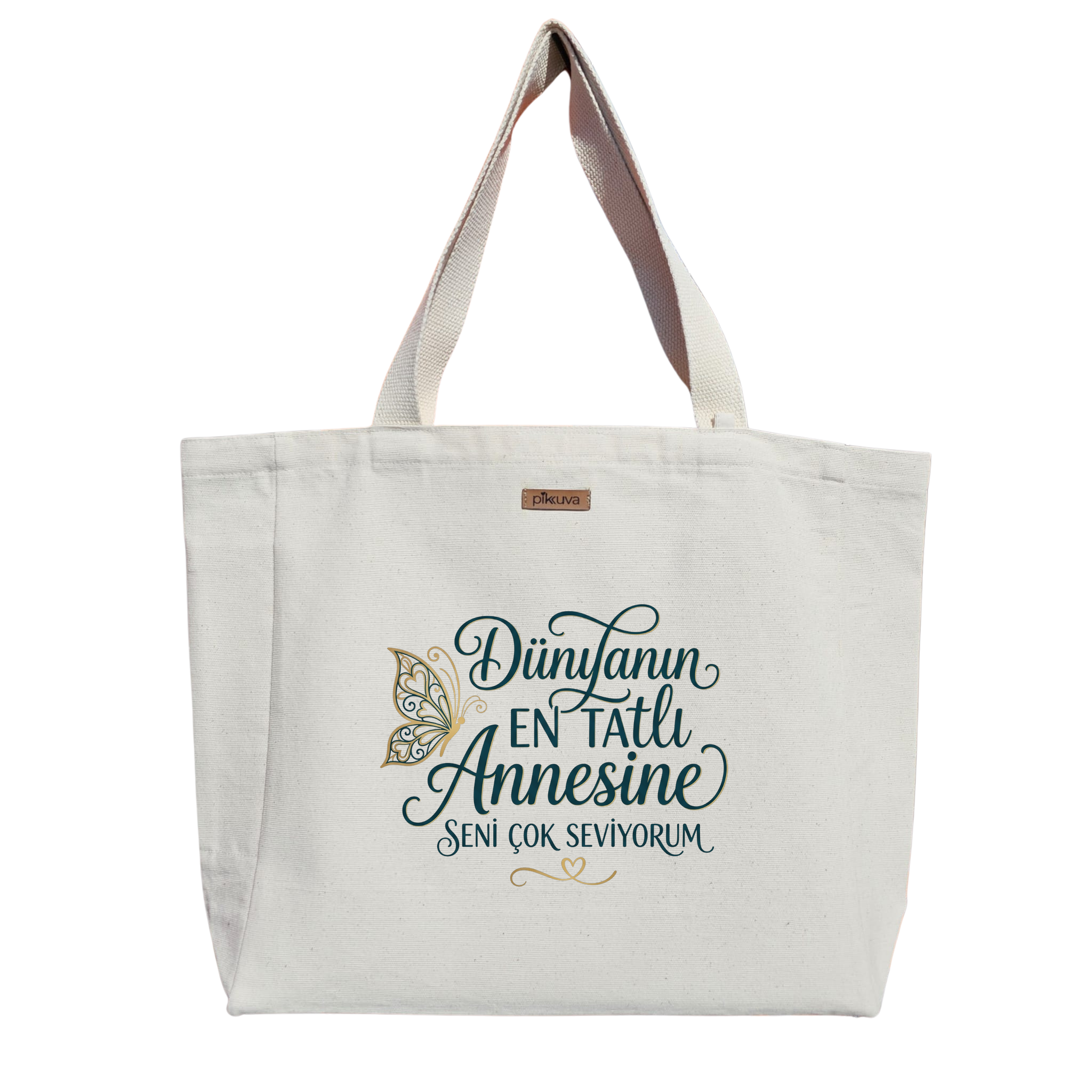 Natural Canvas Tote Bag, Natural Handle, White Velcro, Water Bottle Holder — 20x24