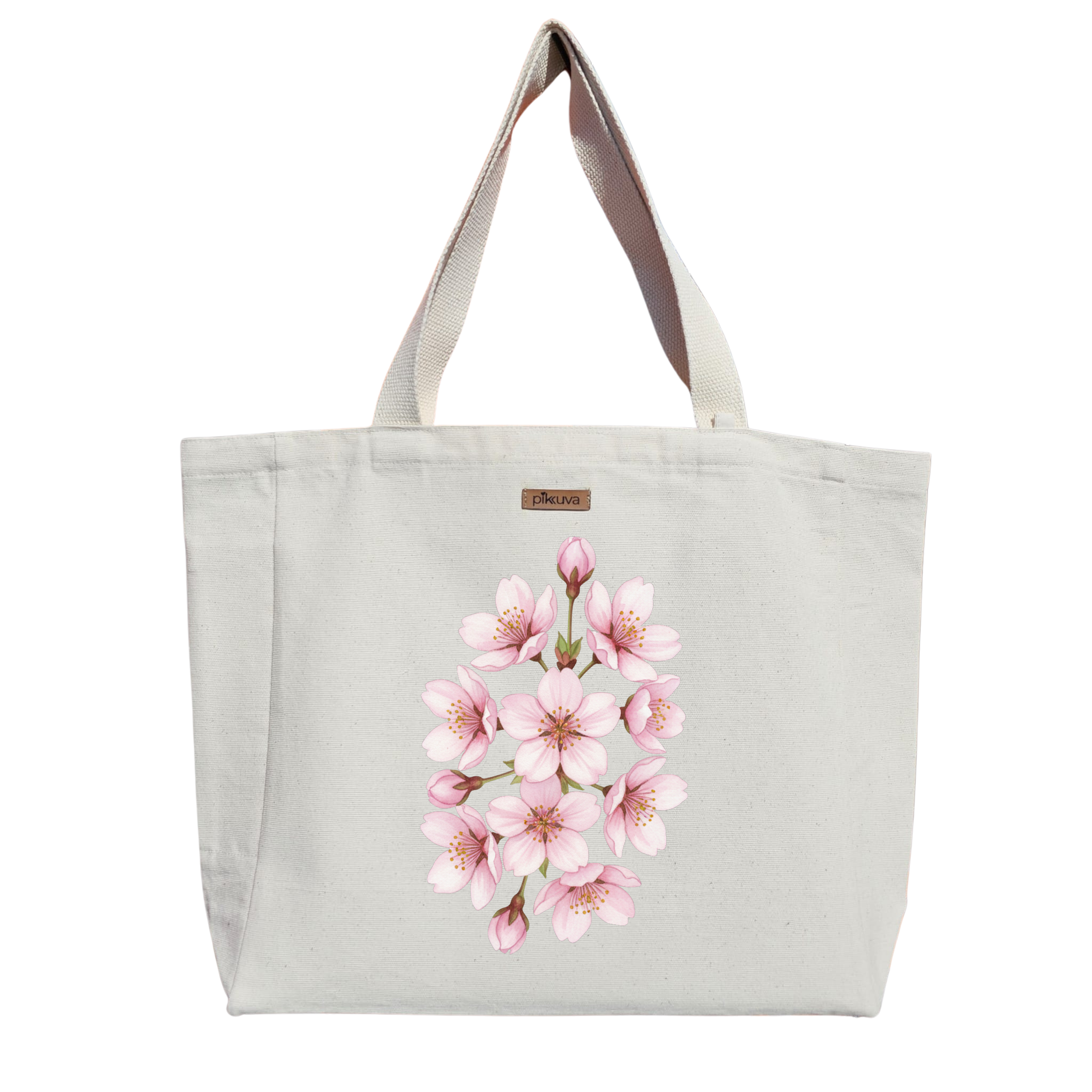 Natural Canvas Tote Bag, Natural Handle, White Velcro, Water Bottle Holder — 20x24