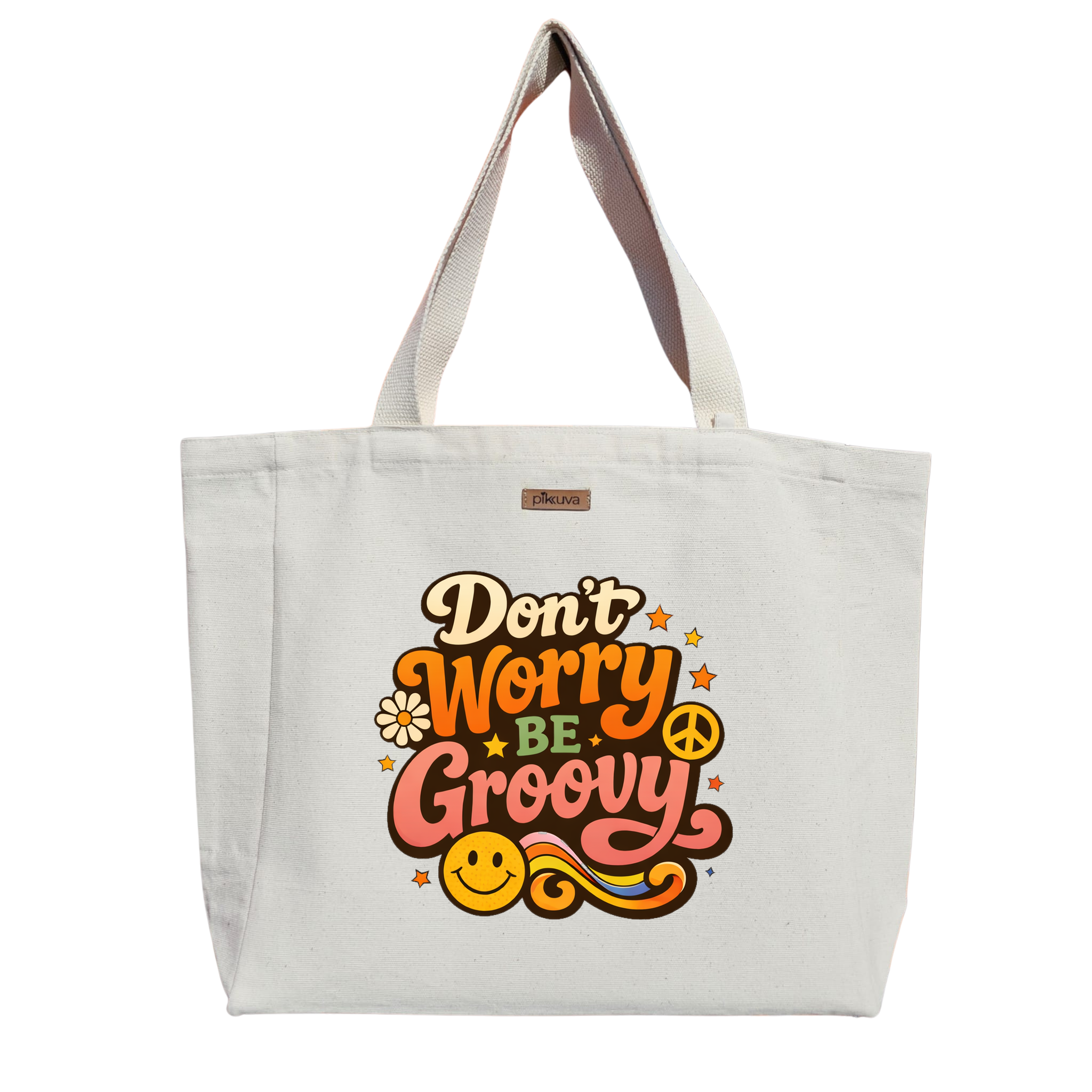 Sarı Gülümseme Logo Retro Stil tasarımı Endişelenme Baskılı Naturel Kanvas Bez Çanta Sap Beyaz Cırt Cırtlı Suluk Tutuculu — 24x20