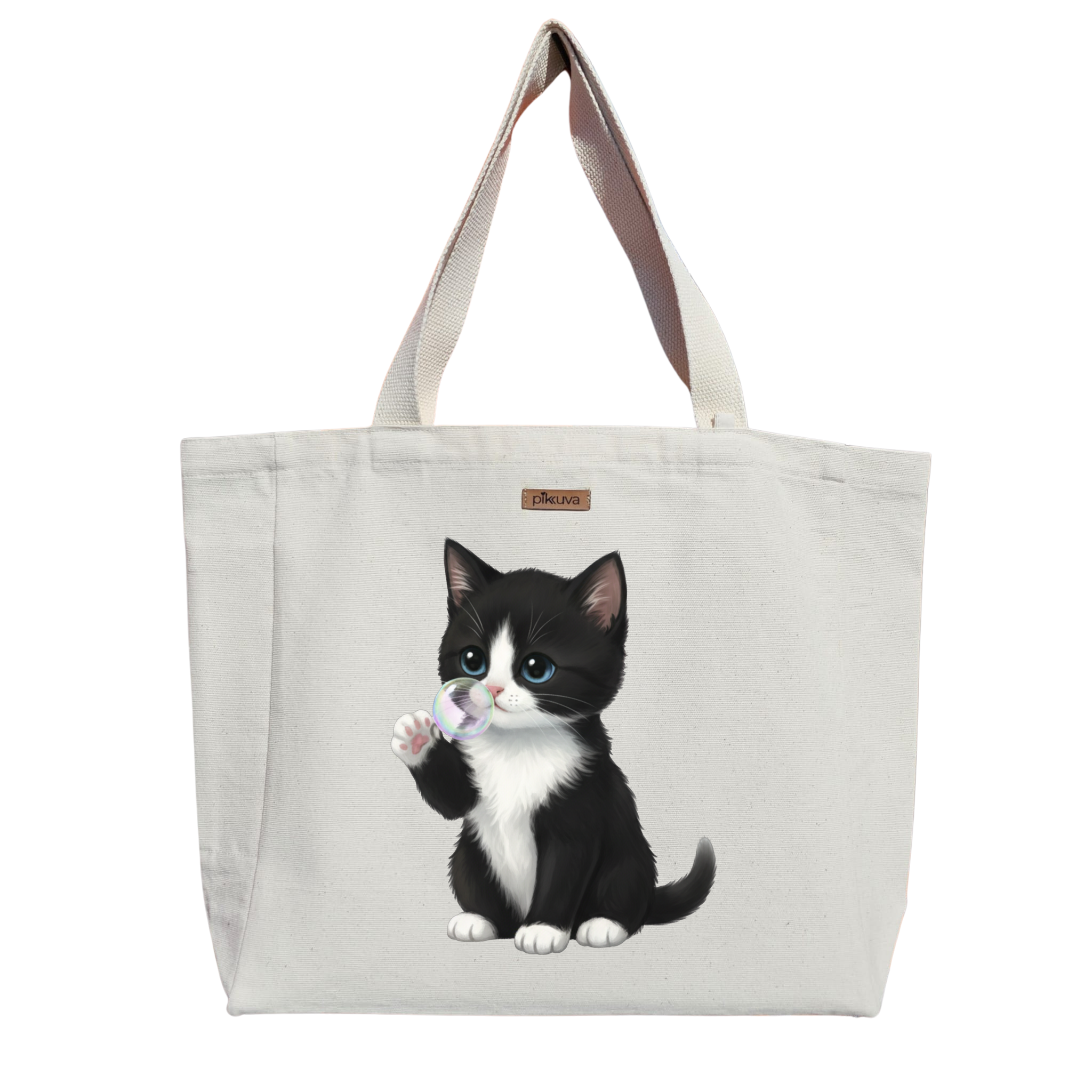 Natural Canvas Tote Bag, Natural Handle, White Velcro, Water Bottle Holder — 20x24