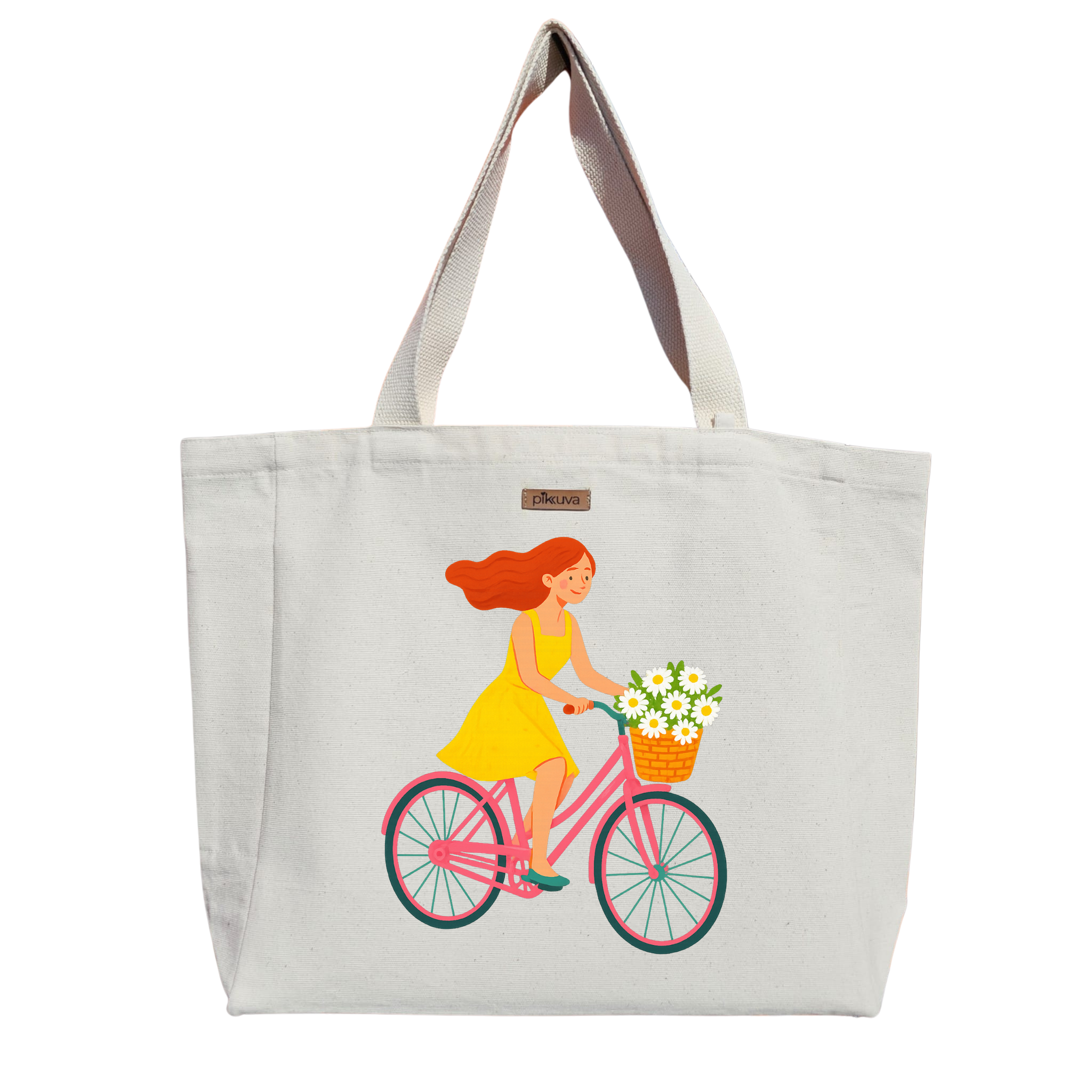 Natural Canvas Tote Bag, Natural Handle, White Velcro, Water Bottle Holder — 20x24