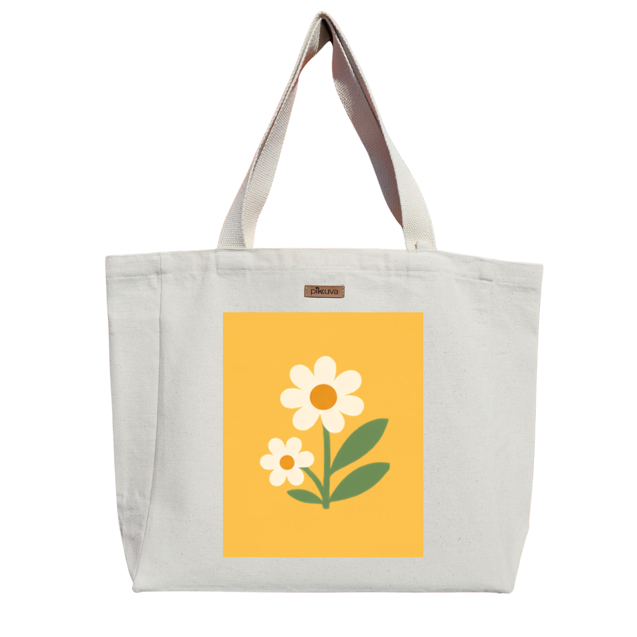 Sarı Arka Plan Üzerinde Çiçek Figürü Minimalist Stil Flower Figure Baskılıı Naturel Kanvas Bez Çanta Sap Beyaz Cırt Cırtlı Suluk Tutuculu — 20x24