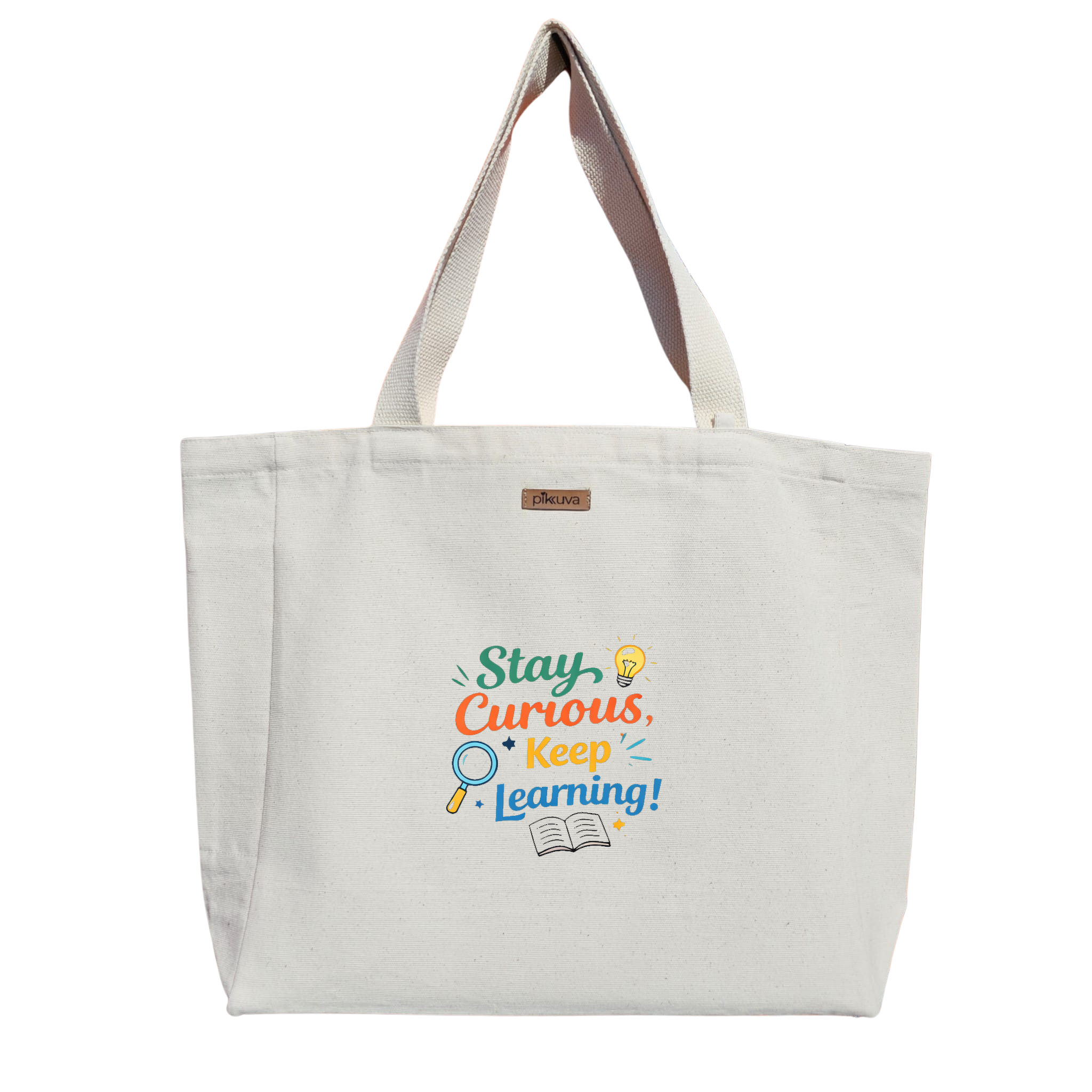 Natural Canvas Tote Bag, Natural Handle, White Velcro, Water Bottle Holder