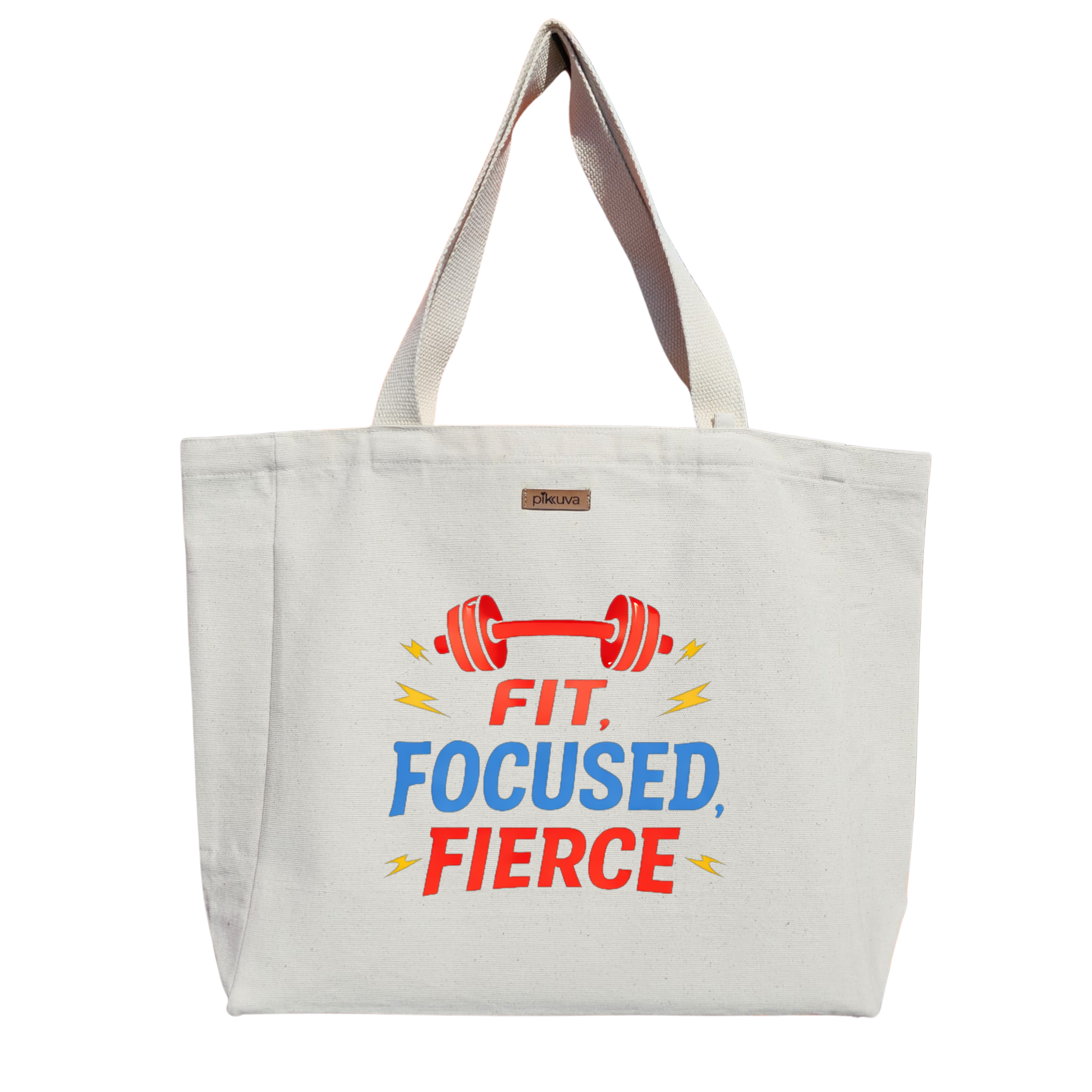 Natural Canvas Tote Bag, Natural Handle, White Velcro, Water Bottle Holder — 20x24