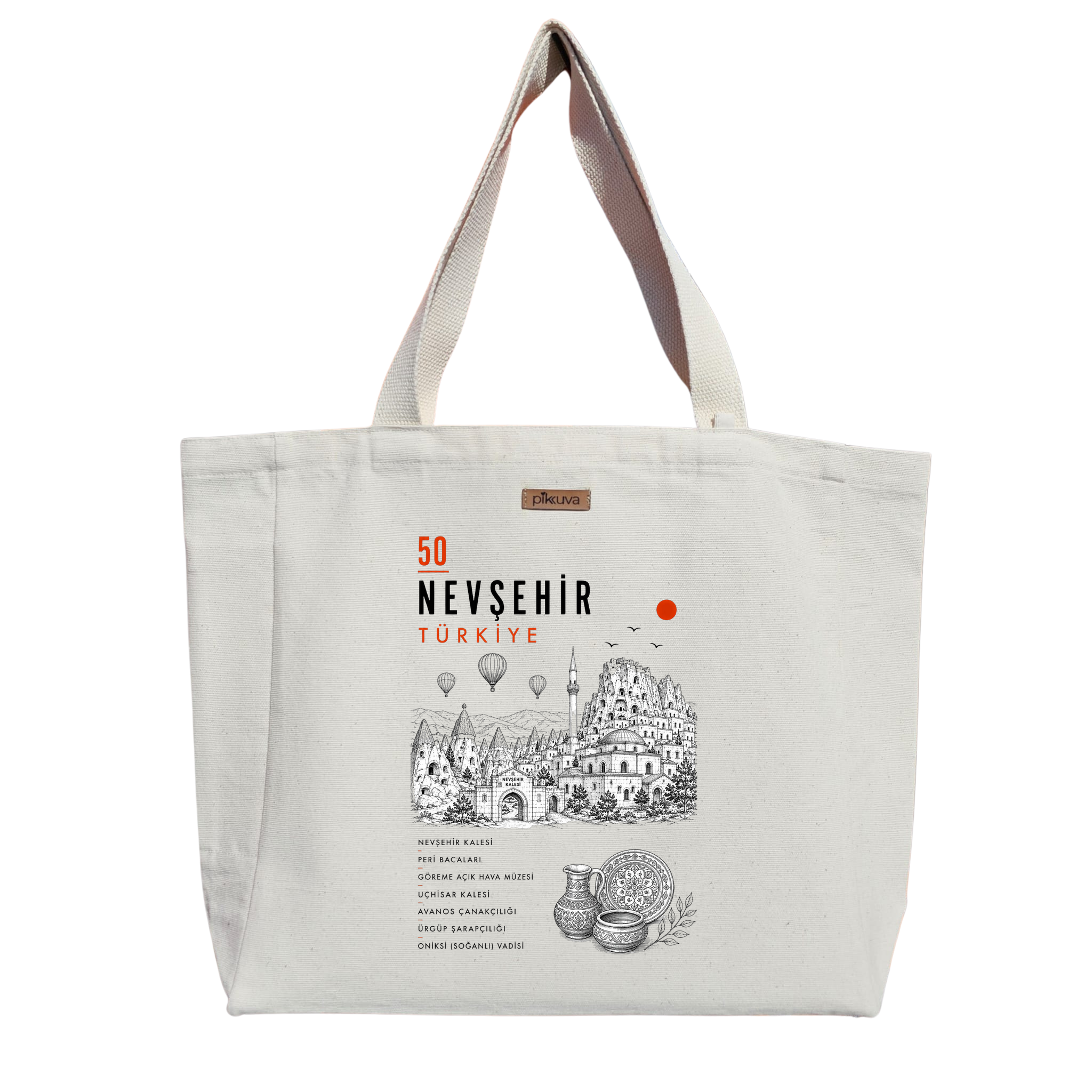 Natural Canvas Tote Bag, Natural Handle, White Velcro, Water Bottle Holder — 20x24