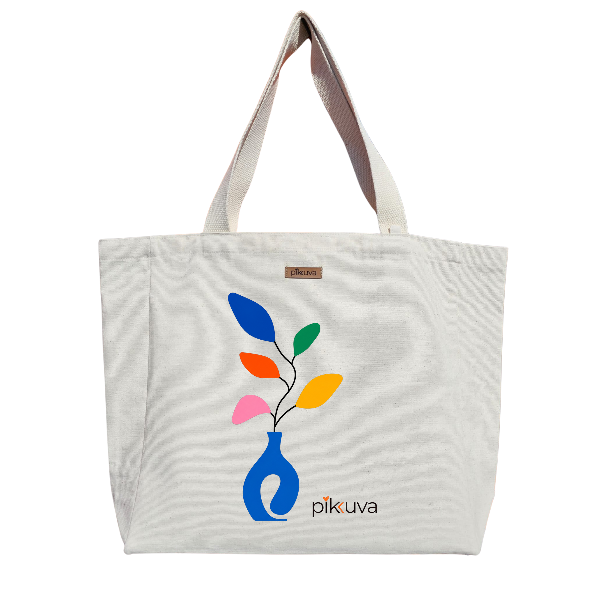 Renkli Yapraklar ve Mavi Vazo Colorful Leaves and Blue Vase Baskılı Naturel Kanvas Bez Çanta Sap Beyaz Cırt Cırtlı Suluk Tutuculu — 20x24