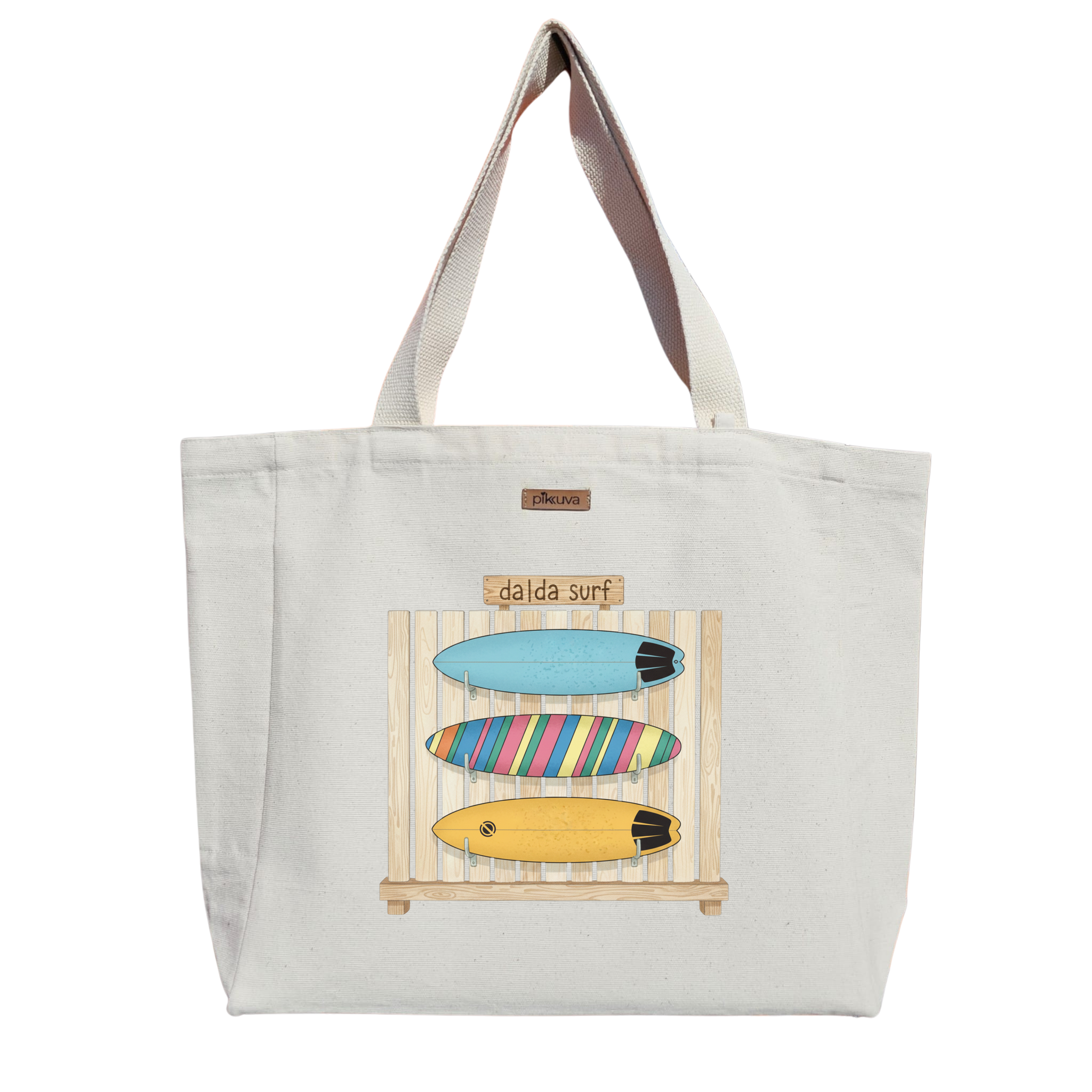 Natural Canvas Tote Bag, Natural Handle, White Velcro, Water Bottle Holder — 20x24