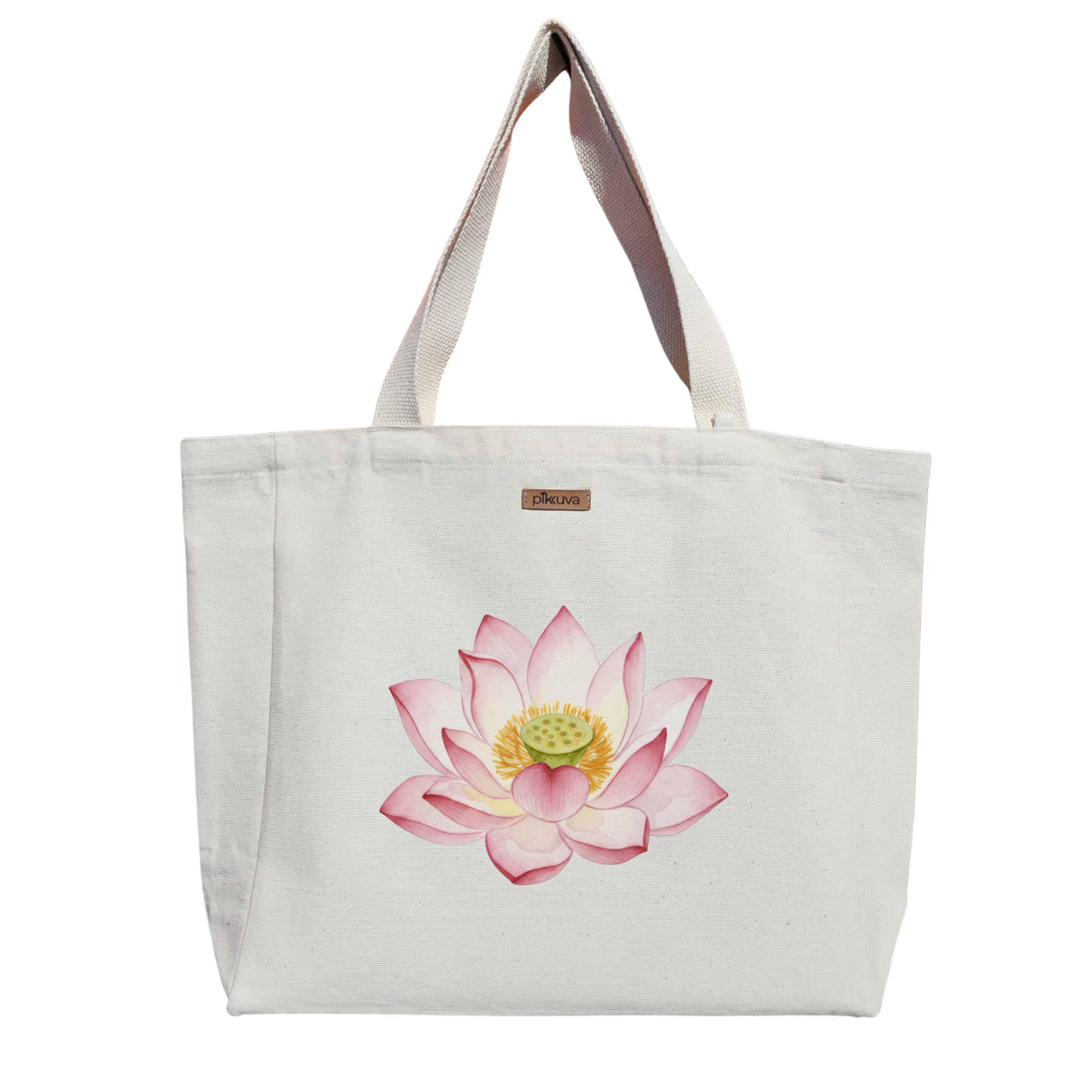 Natural Canvas Tote Bag, Natural Handle, White Velcro, Water Bottle Holder — 20x24