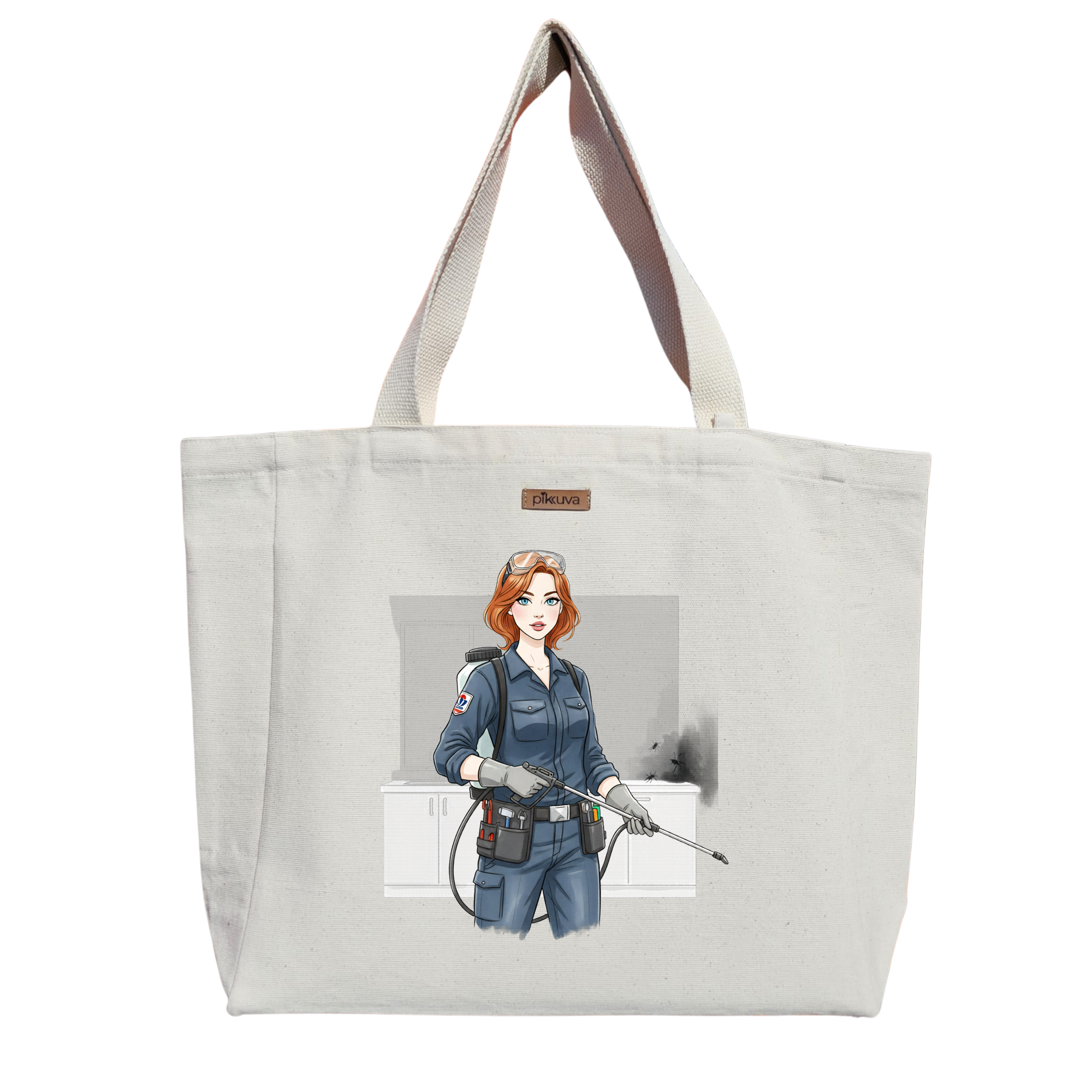 Natural Canvas Tote Bag, Natural Handle, White Velcro, Water Bottle Holder — 20x24