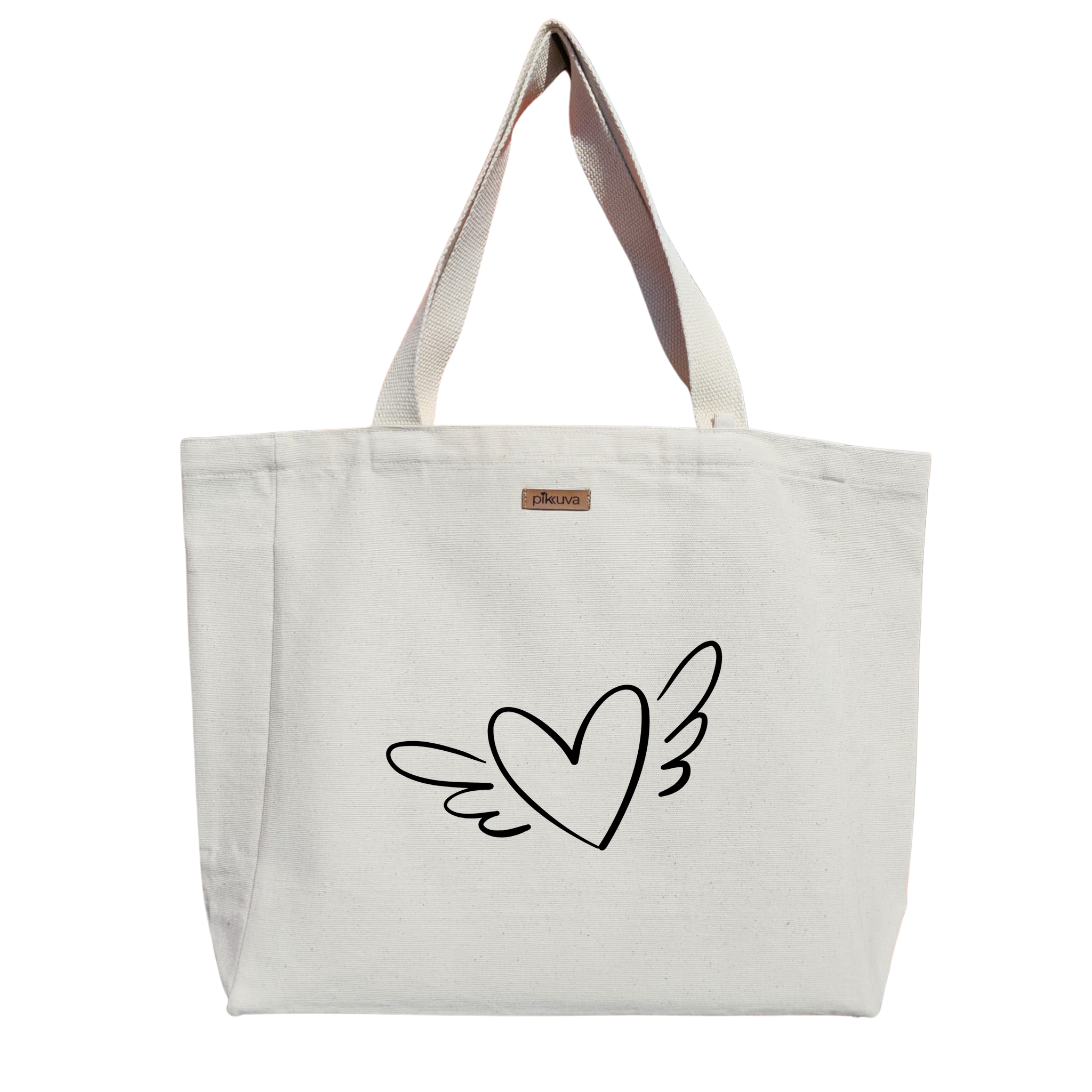 Natural Canvas Tote Bag, Natural Handle, White Velcro, Water Bottle Holder — 20x12