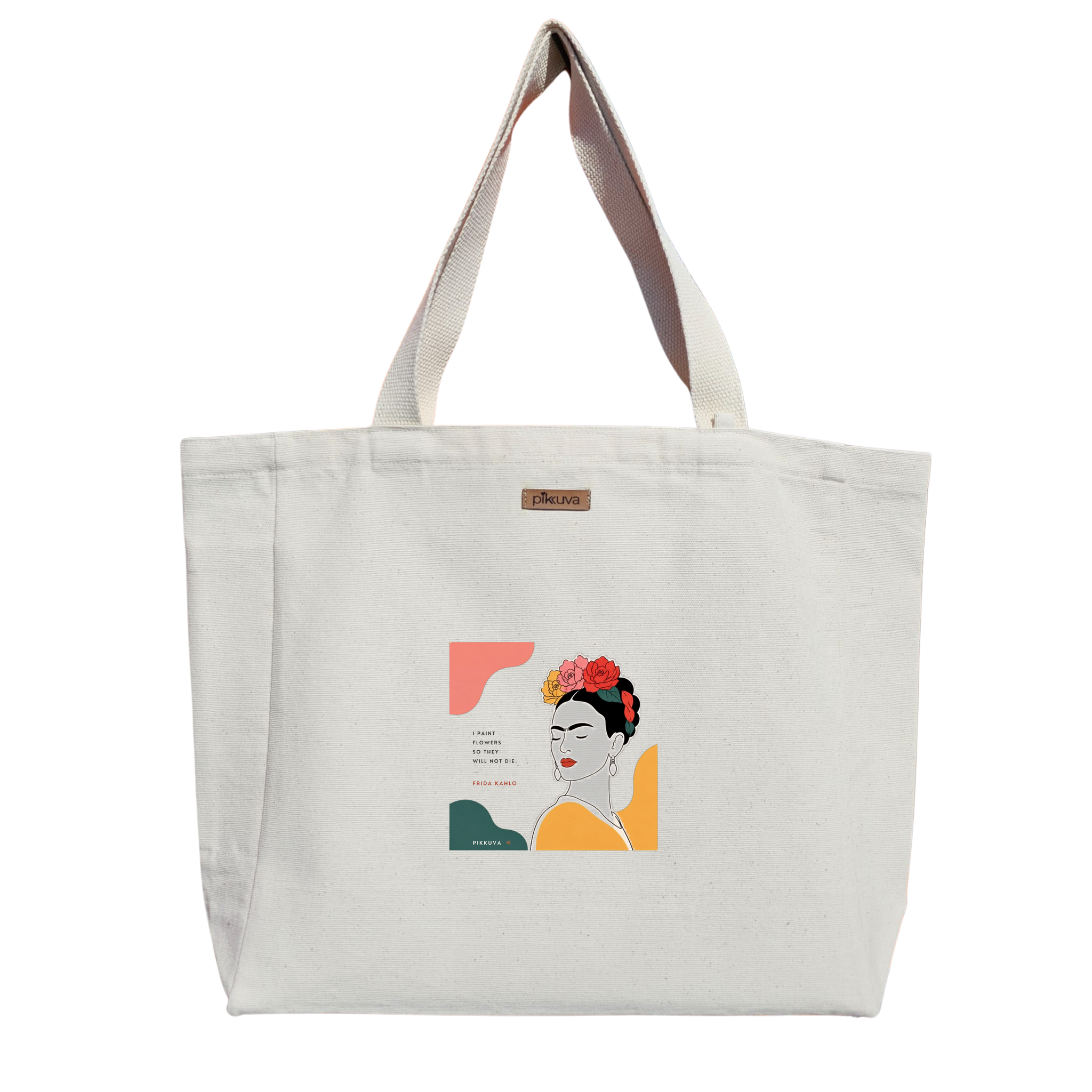 Natural Canvas Tote Bag, Natural Handle, White Velcro, Water Bottle Holder — 12x20