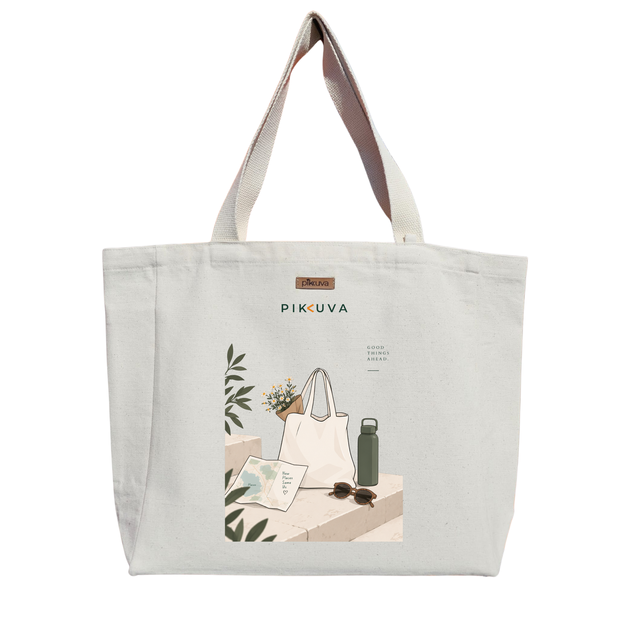 Natural Canvas Tote Bag, Natural Handle, White Velcro, Water Bottle Holder — 20x24