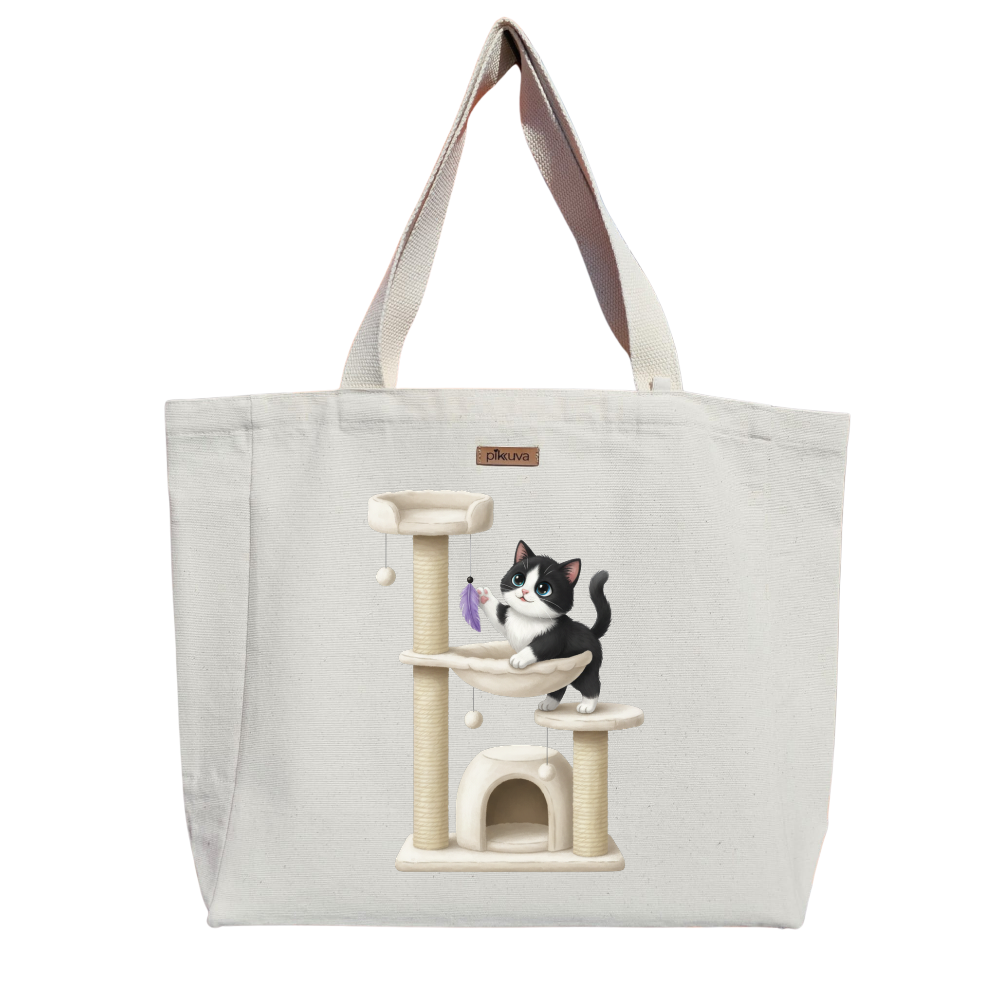 Sevimli Siyah Beyaz Kedi Oyun Kulesi Cute black and white cat Baskılı Naturel Kanvas Bez Çanta Sap Cırt Cırtlı Suluk Tutuculu — 20x24