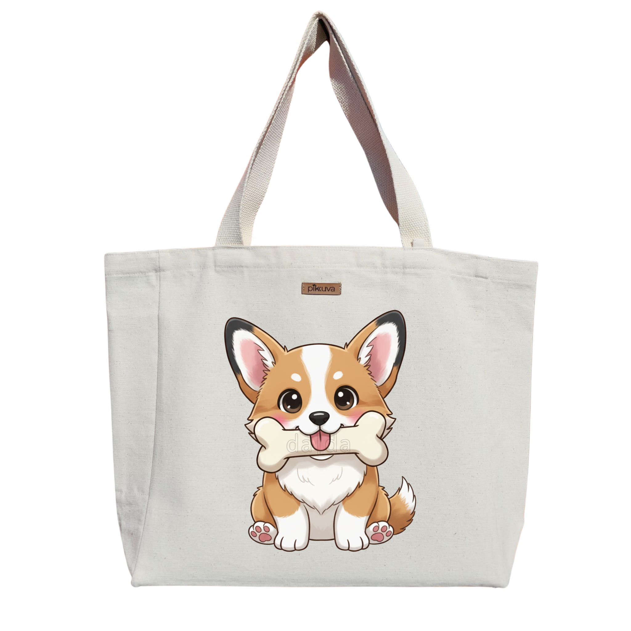 Natural Canvas Tote Bag, Natural Handle, White Velcro, Water Bottle Holder — 20x24