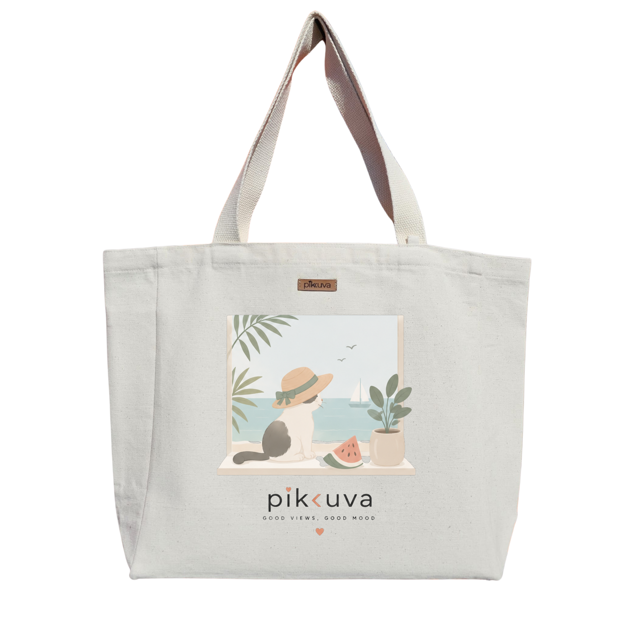 Natural Canvas Tote Bag, Natural Handle, White Velcro, Water Bottle Holder — 20x24