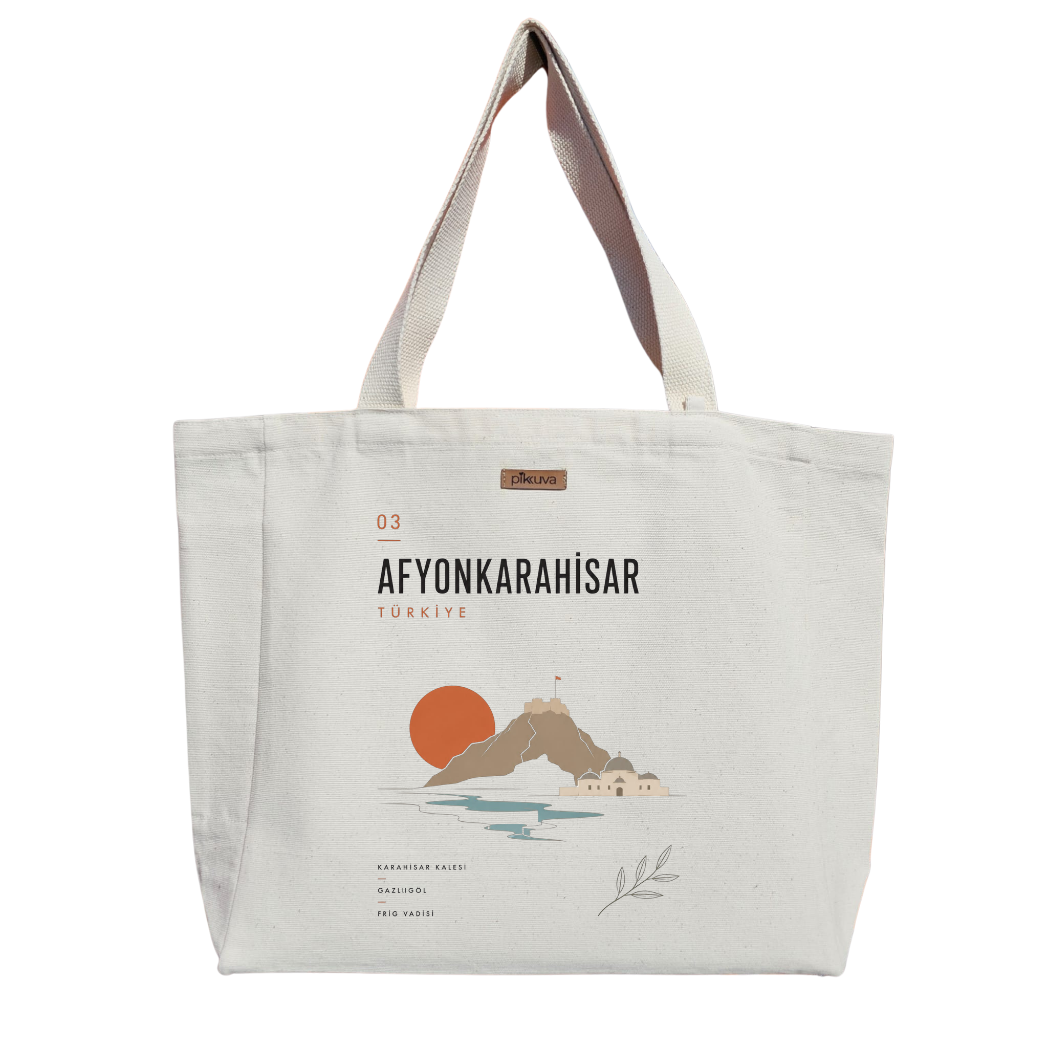 Natural Canvas Tote Bag, Natural Handle, White Velcro, Water Bottle Holder — 20x24