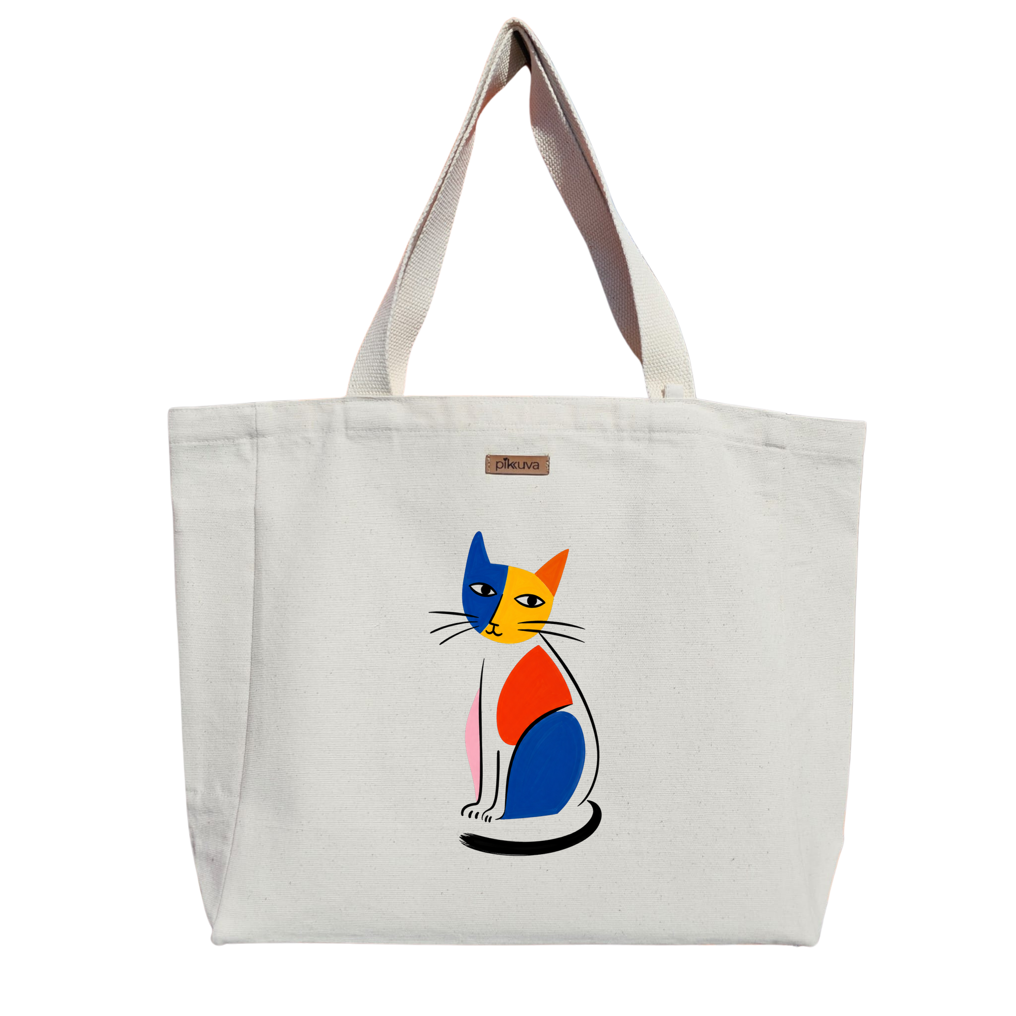 Natural Canvas Tote Bag, Natural Handle, White Velcro, Water Bottle Holder — 12x20