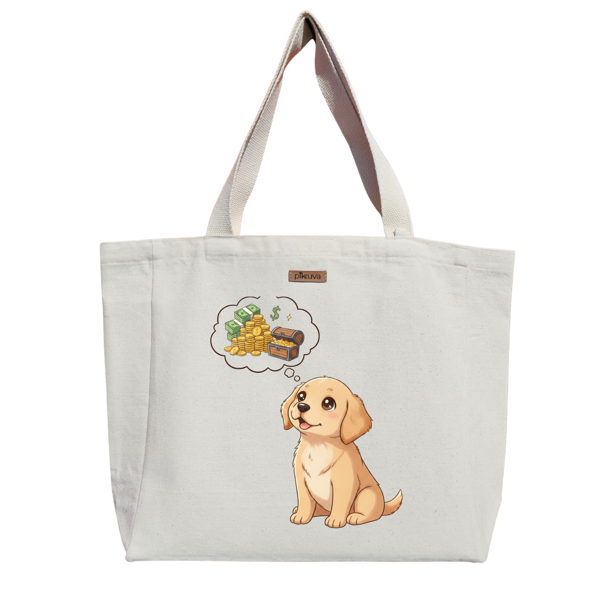 Natural Canvas Tote Bag, Natural Handle, White Velcro, Water Bottle Holder — 20x24