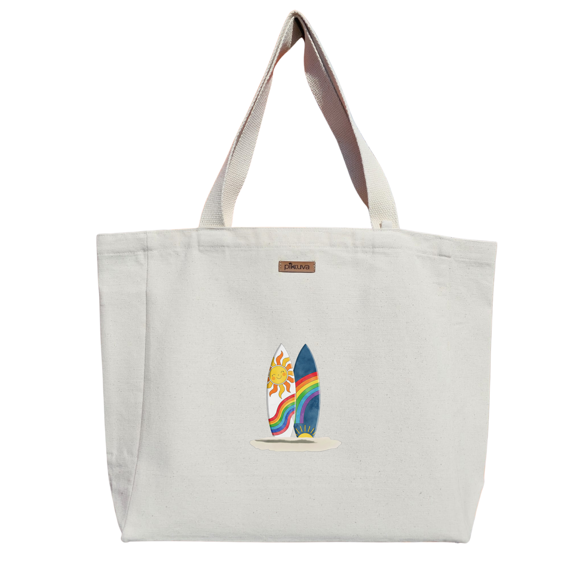 Natural Canvas Tote Bag, Natural Handle, White Velcro, Water Bottle Holder