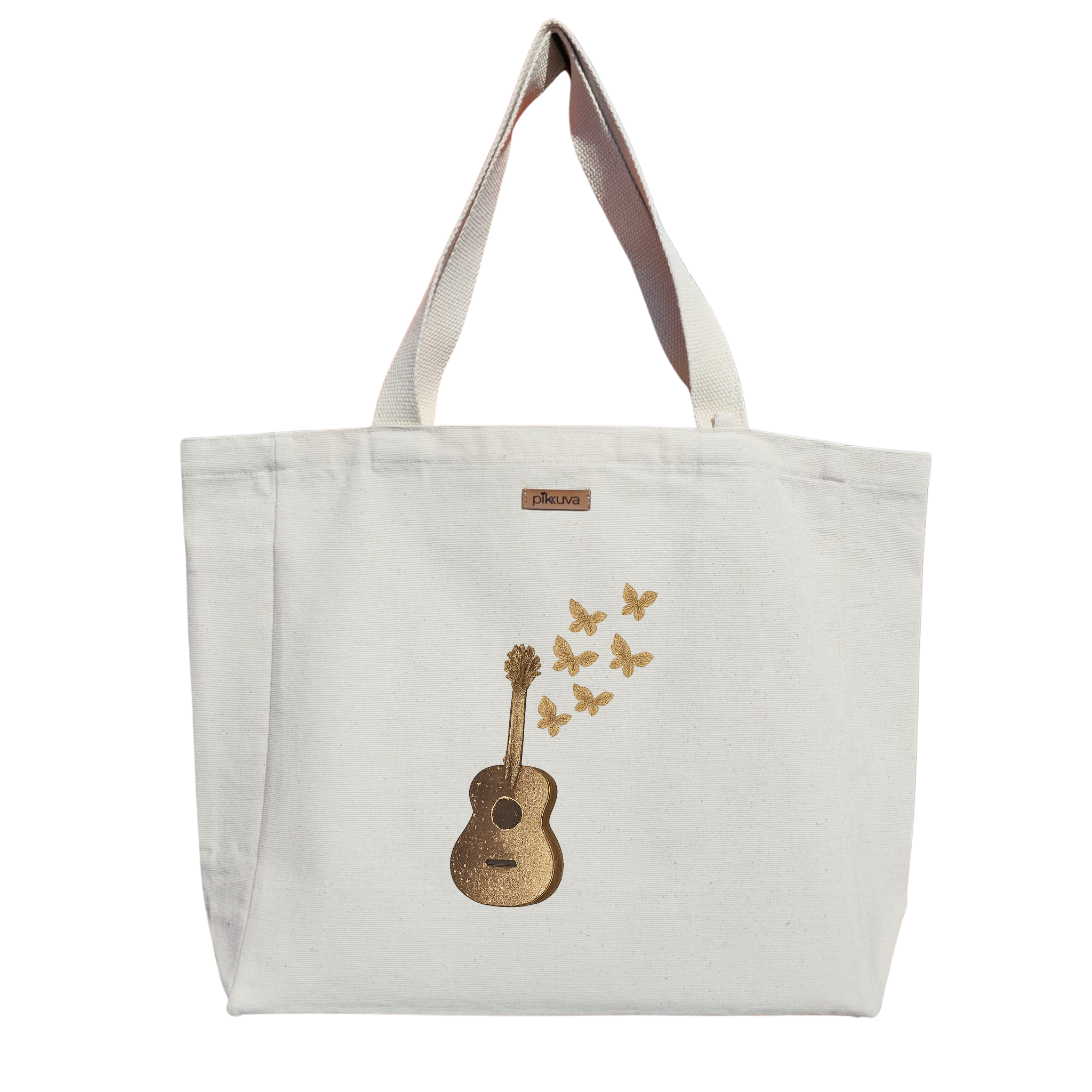 Altın Gitar ve Kelebekler Gold guitar and butterflies Baskılı Naturel Kanvas Bez Çanta Sap Beyaz Cırt Cırtlı Suluk Tutuculu — 12x20