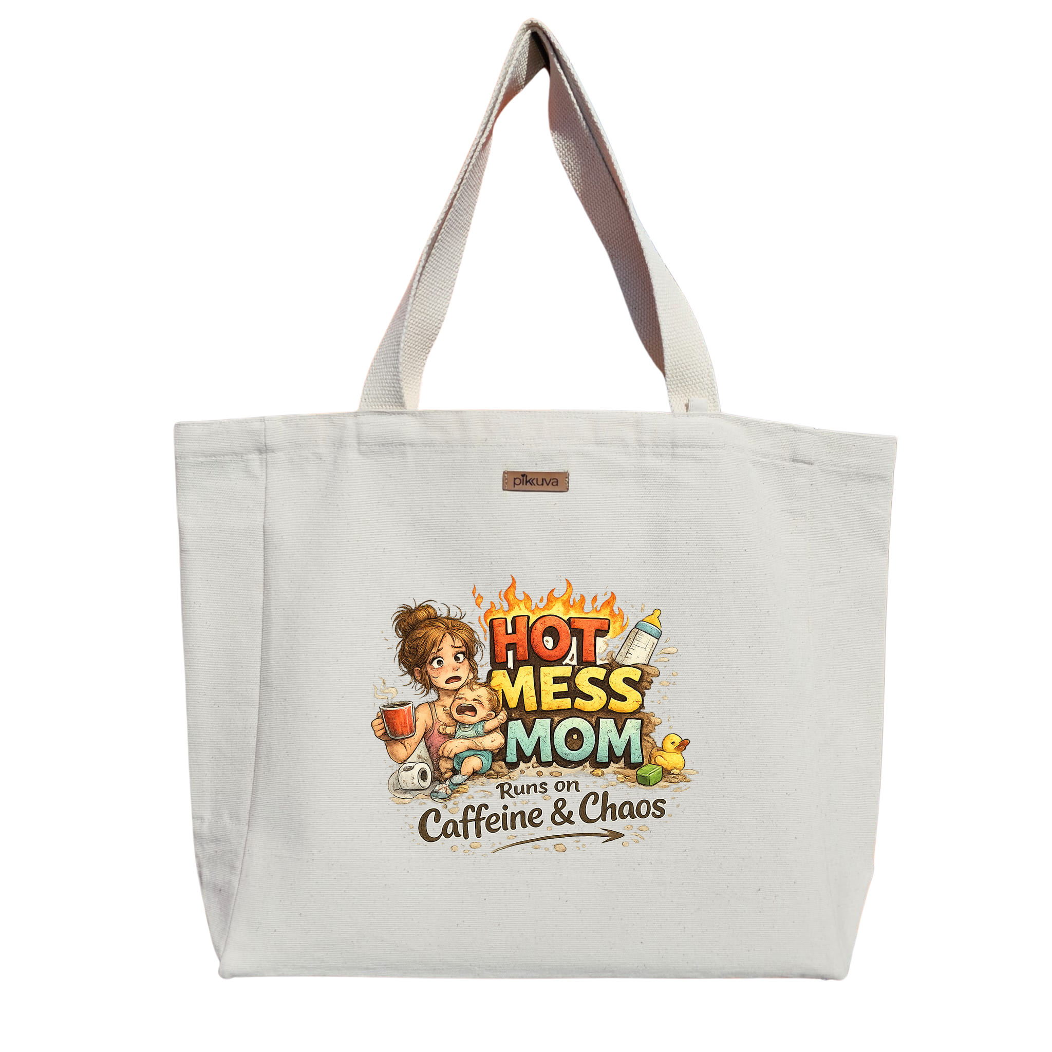 Natural Canvas Tote Bag, Natural Handle, White Velcro, Water Bottle Holder — 20x24