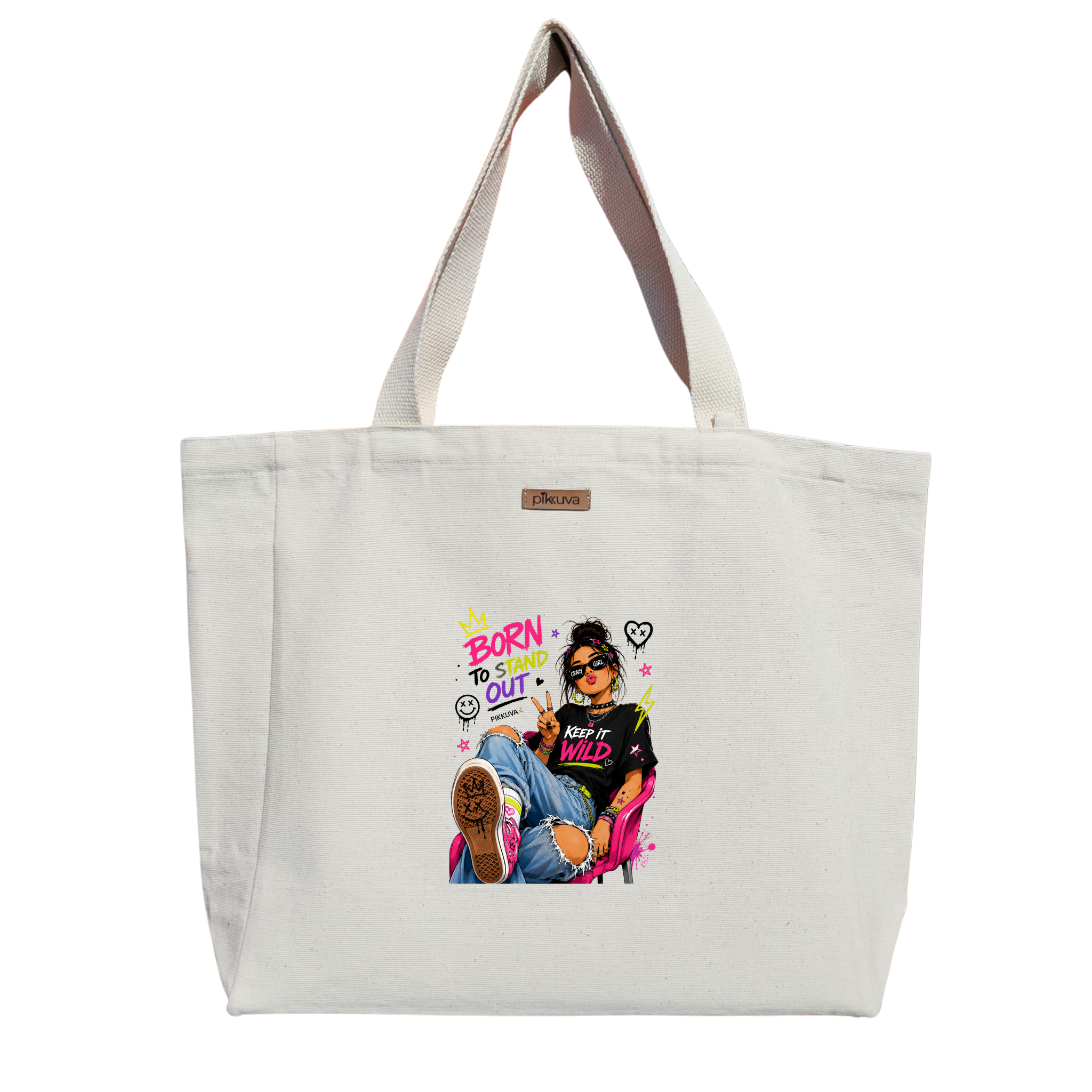 Natural Canvas Tote Bag, Natural Handle, White Velcro, Water Bottle Holder — 12x20
