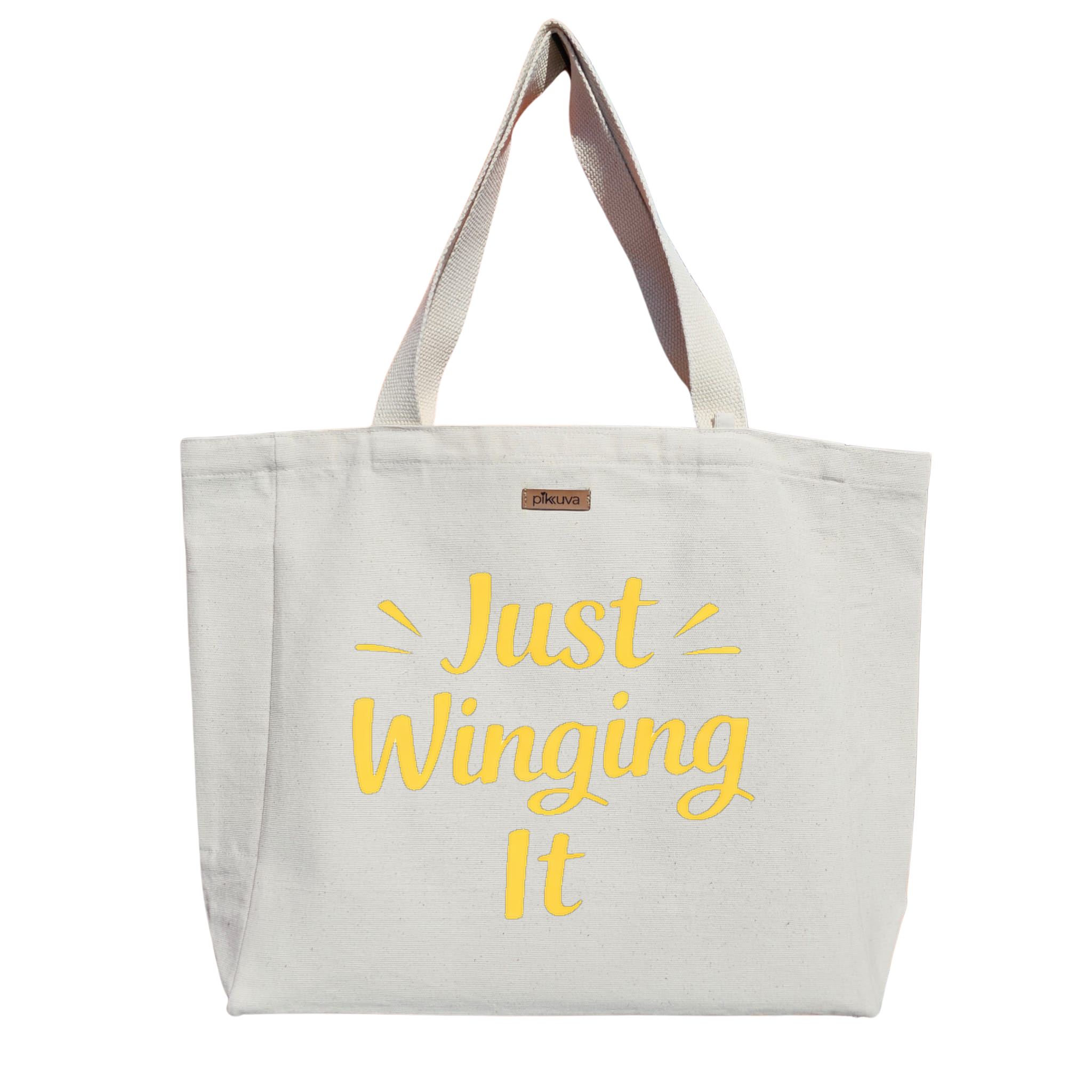 Sarı Logo Detayı Just Winging It Stili Tasarımı Modern Sadece Uçuyor Baskılı Naturel Kanvas Bez Çanta Sap Beyaz Cırt Cırtlı Suluk Tutuculu — 24x20