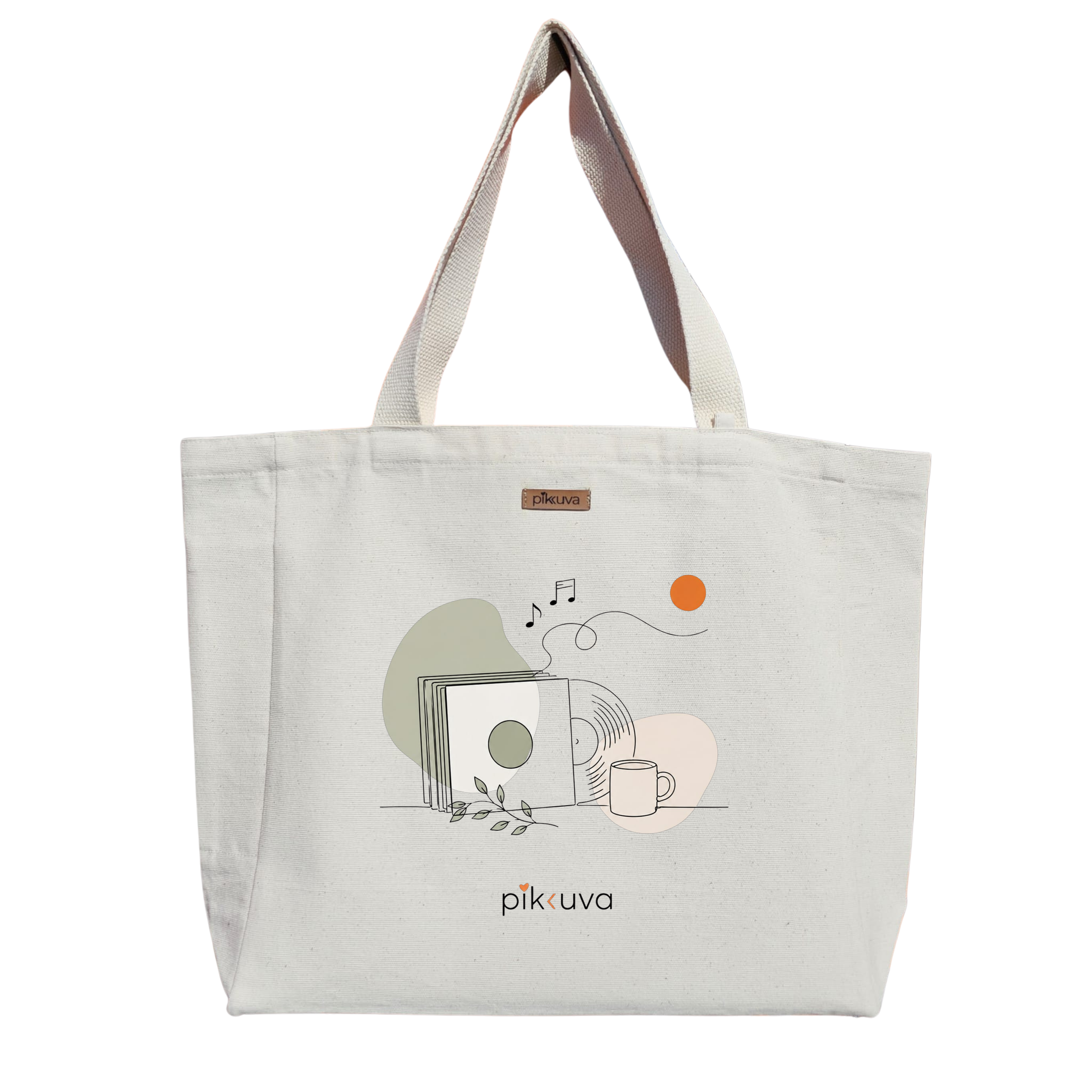 Müzik ve Kahve Temalı Minimalist Tasarım Music and coffee themed design Baskılı Naturel Kanvas Bez Çanta Sap Beyaz Cırt Cırtlı Suluk Tutuculu — 20x24