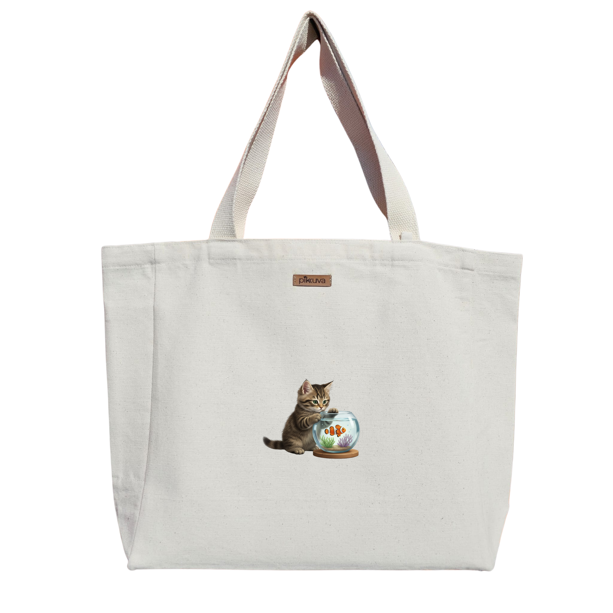 Natural Canvas Tote Bag, Natural Handle, White Velcro, Water Bottle Holder