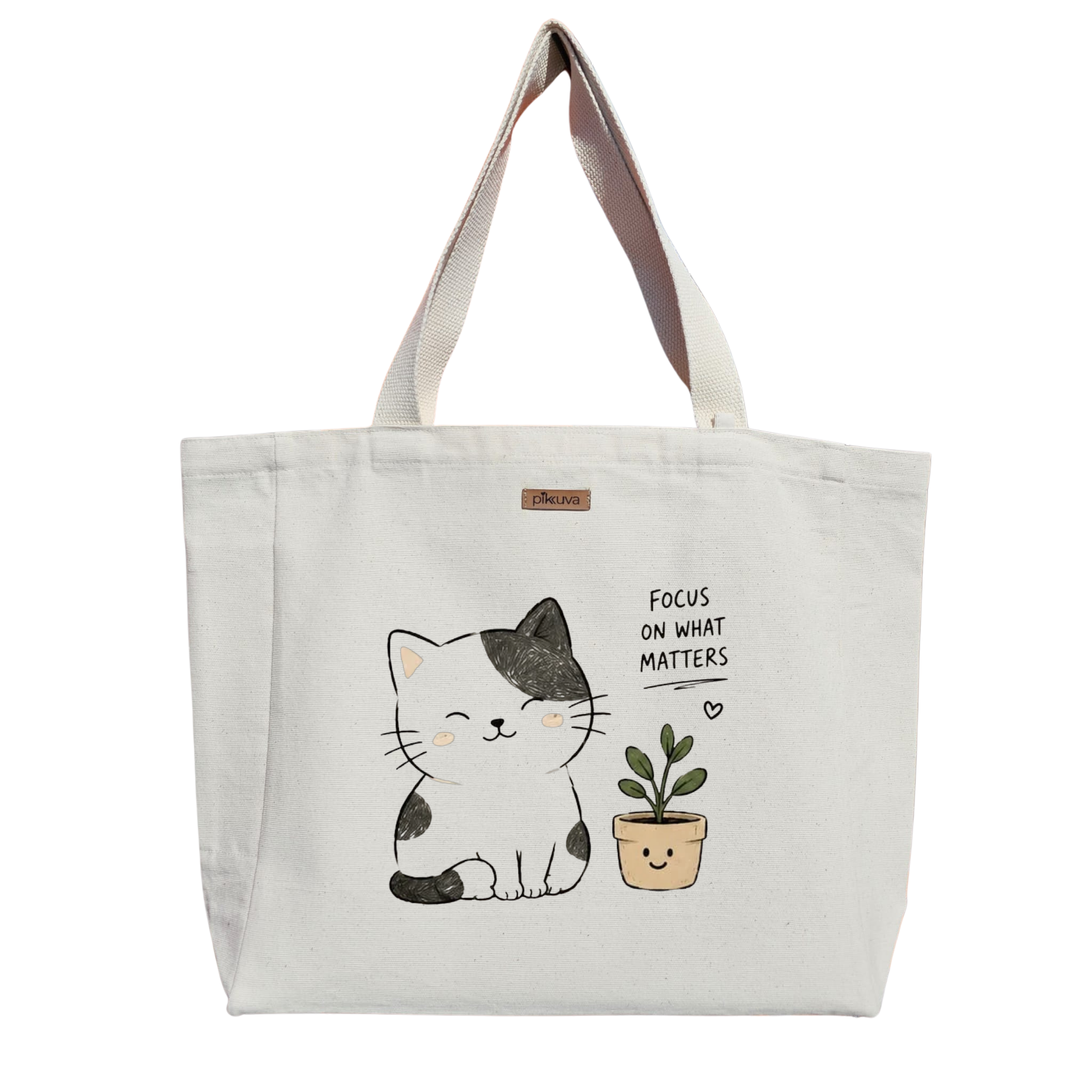 Sevimli Siyah Kedi ve Bitki FOCUS ON WHAT MATTERS Baskılıı Naturel Kanvas Bez Çanta Sap Beyaz Cırt Cırtlı Suluk Tutuculu — 20x24