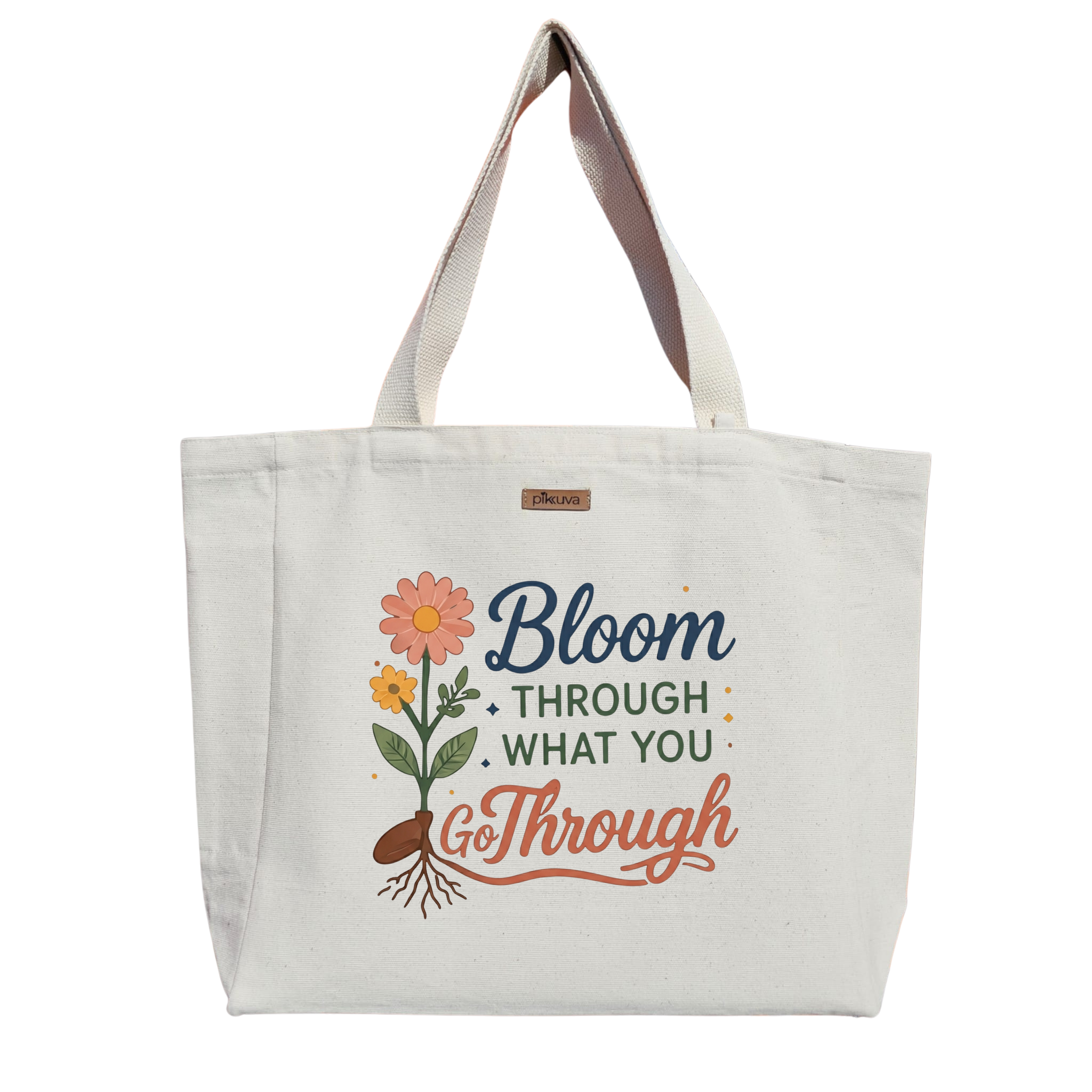 Natural Canvas Tote Bag, Natural Handle, White Velcro, Water Bottle Holder