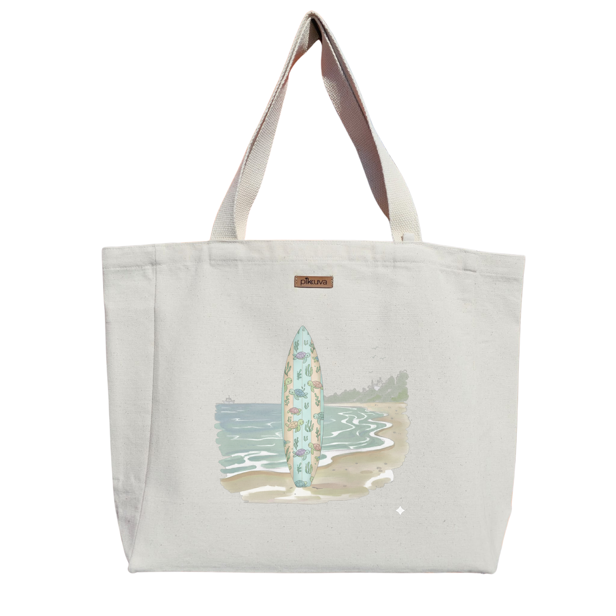 Natural Canvas Tote Bag, Natural Handle, White Velcro, Water Bottle Holder — 20x24